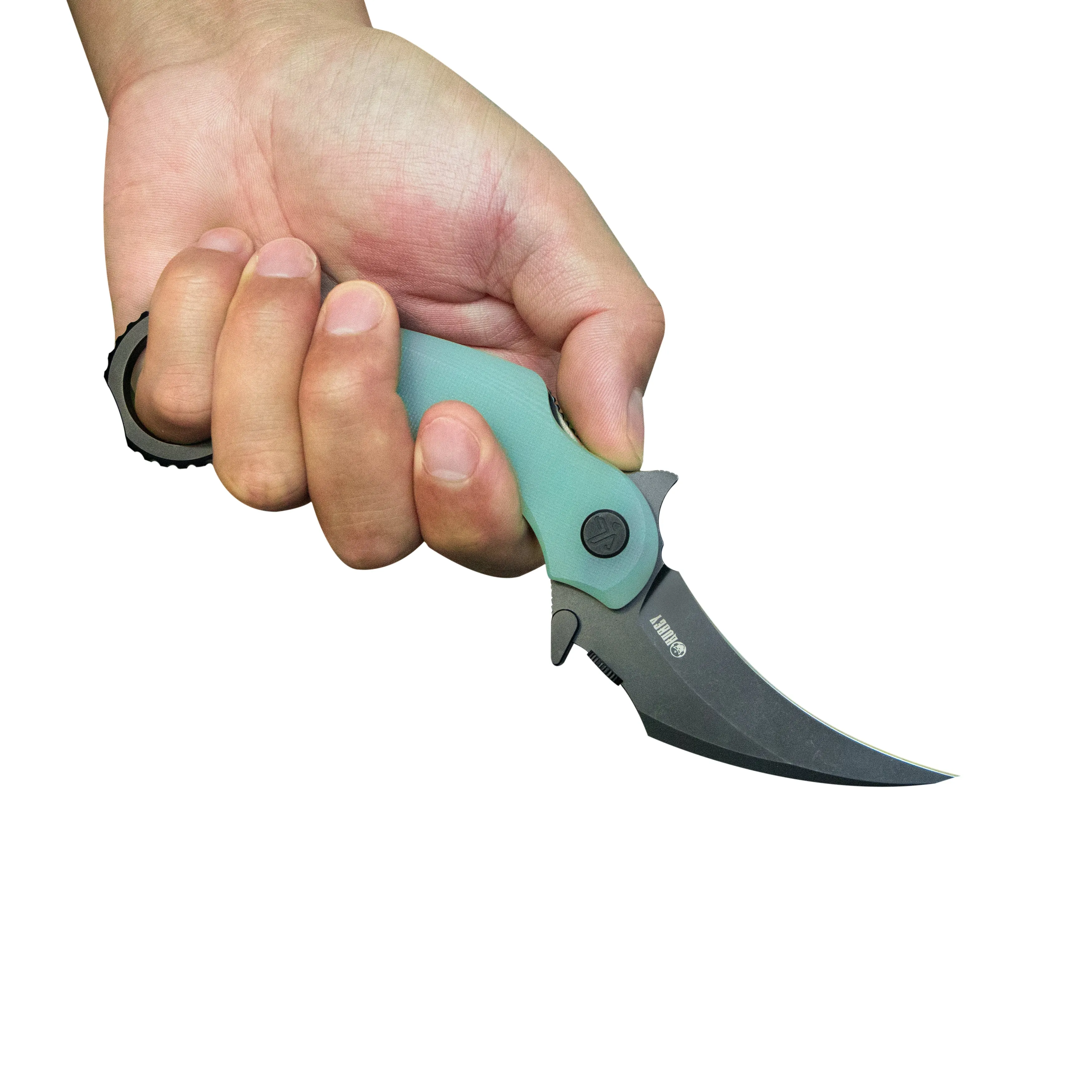 Kubey Rogue Pikal Karambit Folding Knife Jade G10 Handle 2.91" Blackwash 14C28N Blade KU298E