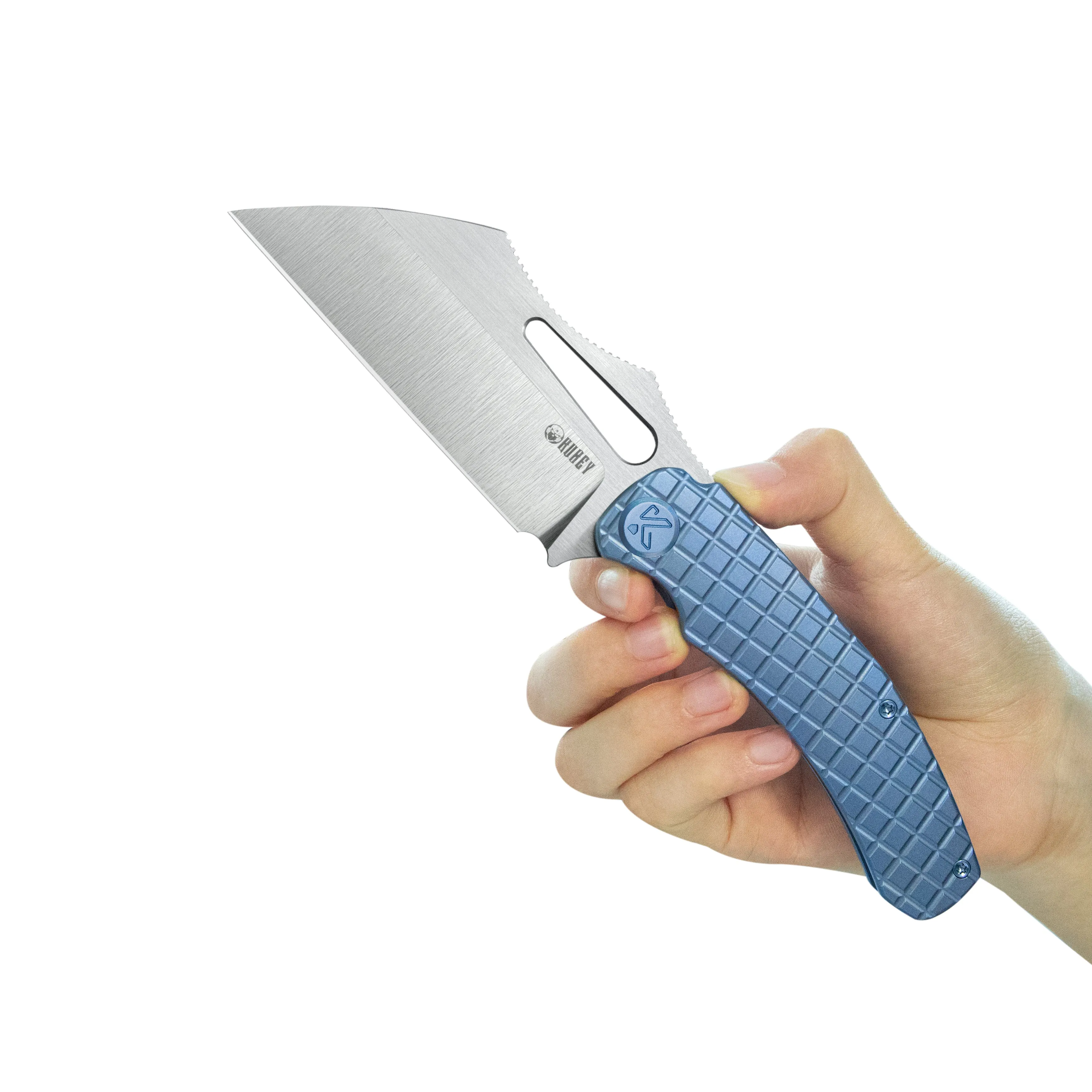 Kubey Sylow Folding Pocket Knife Blue Titanium Handle 3.46" Stonewash 14C28N Blade KU260B