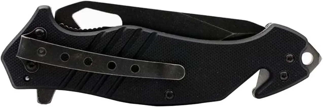 LA Police Gear LAPG EDC Folding Knife, Tactical Flipper Pocket Knife, Survival Knife With Seatbelt Cutter & Glass Breaker, Black Serrated/Black Handle