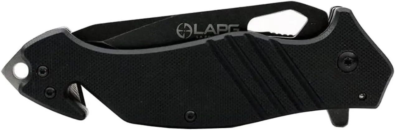 LA Police Gear LAPG EDC Folding Knife, Tactical Flipper Pocket Knife, Survival Knife With Seatbelt Cutter & Glass Breaker, Black Serrated/Black Handle