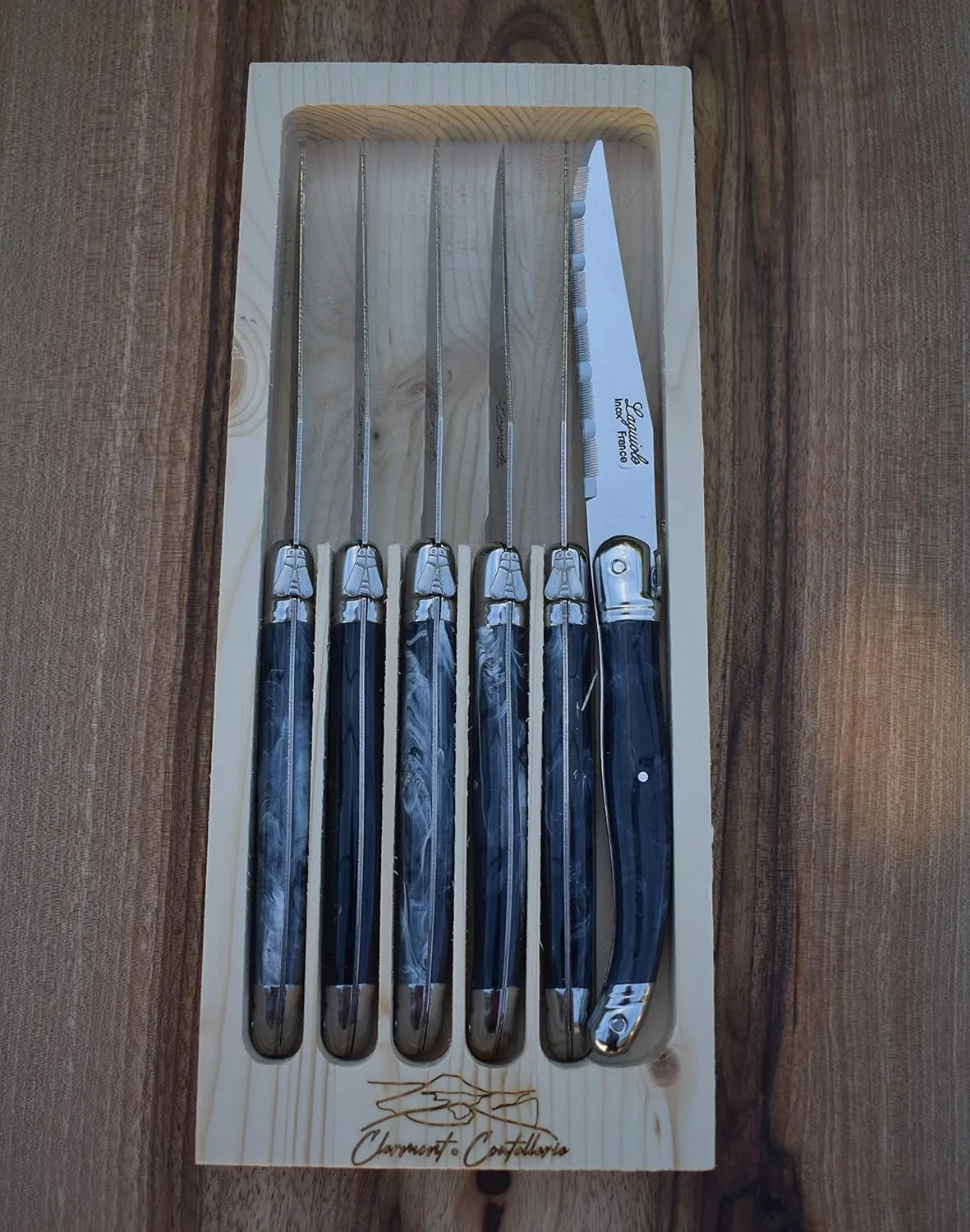 Laguiole Serrated Edge Sharp Premium Dishwasher Safe Full Tang Stainless Steel 6-Piece Steak Knife Set, Black Marble