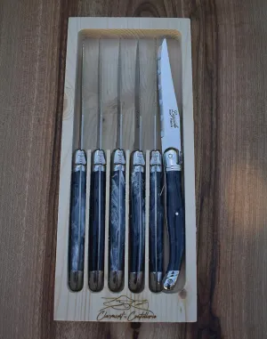 Laguiole Serrated Edge Sharp Premium Dishwasher Safe Full Tang Stainless Steel 6-Piece Steak Knife Set, Black Marble
