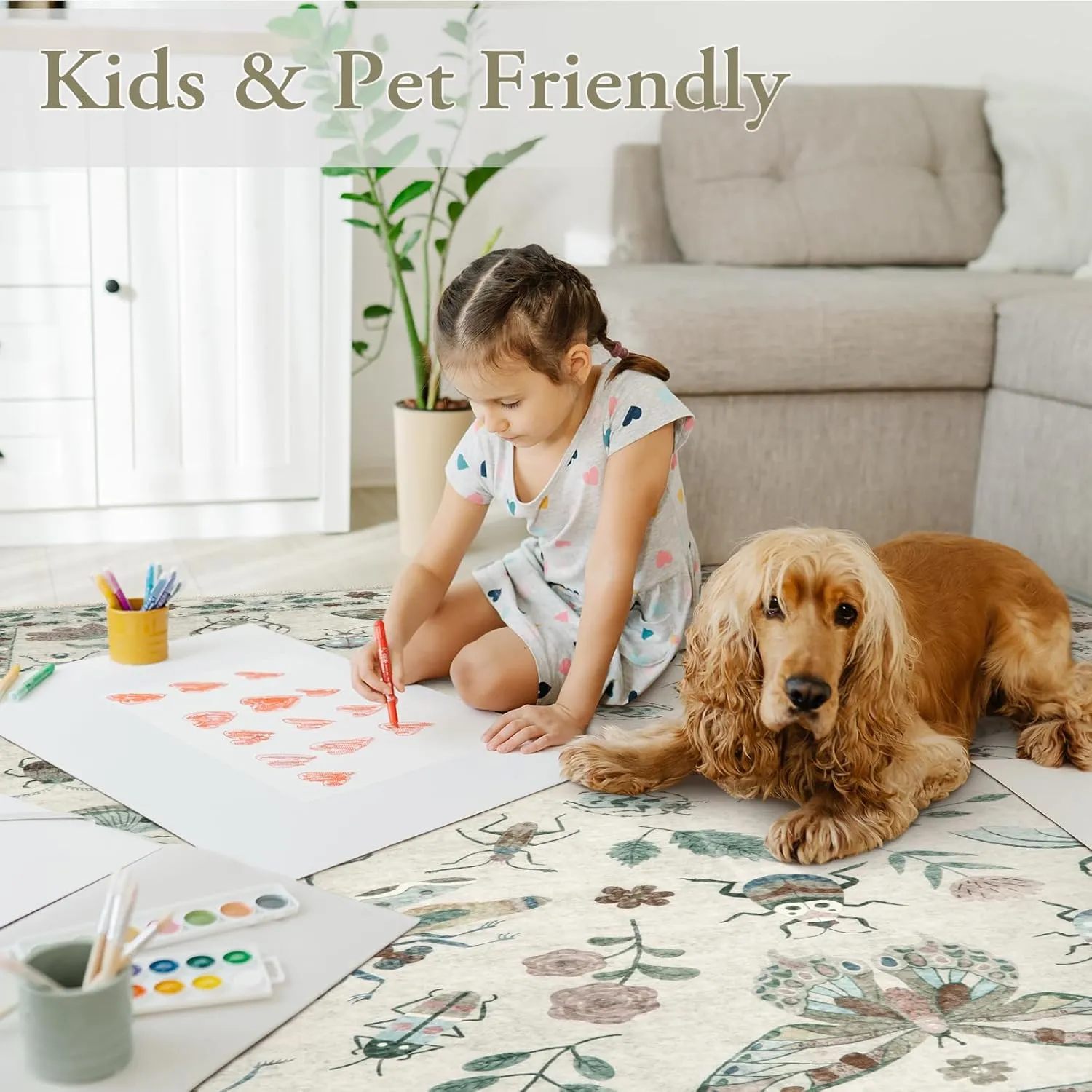 Lahome Insect Print Washable Area Rugs 5x7, Soft Rugs for Living Room Ultra-Thin Non-Shedding Modern Bedroom Rug, Stain Resistant Throw Rug Large Carpet for Dining Room Kids Nursery(5'x7',Beige)