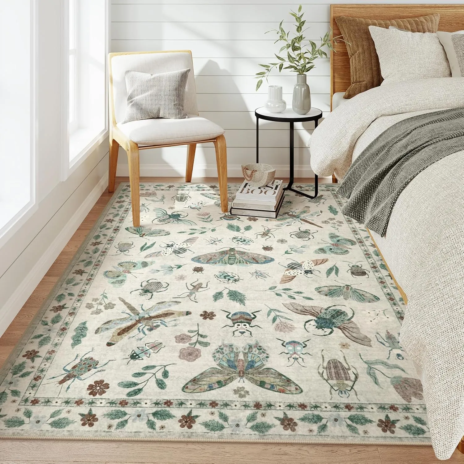 Lahome Insect Print Washable Area Rugs 5x7, Soft Rugs for Living Room Ultra-Thin Non-Shedding Modern Bedroom Rug, Stain Resistant Throw Rug Large Carpet for Dining Room Kids Nursery(5'x7',Beige)