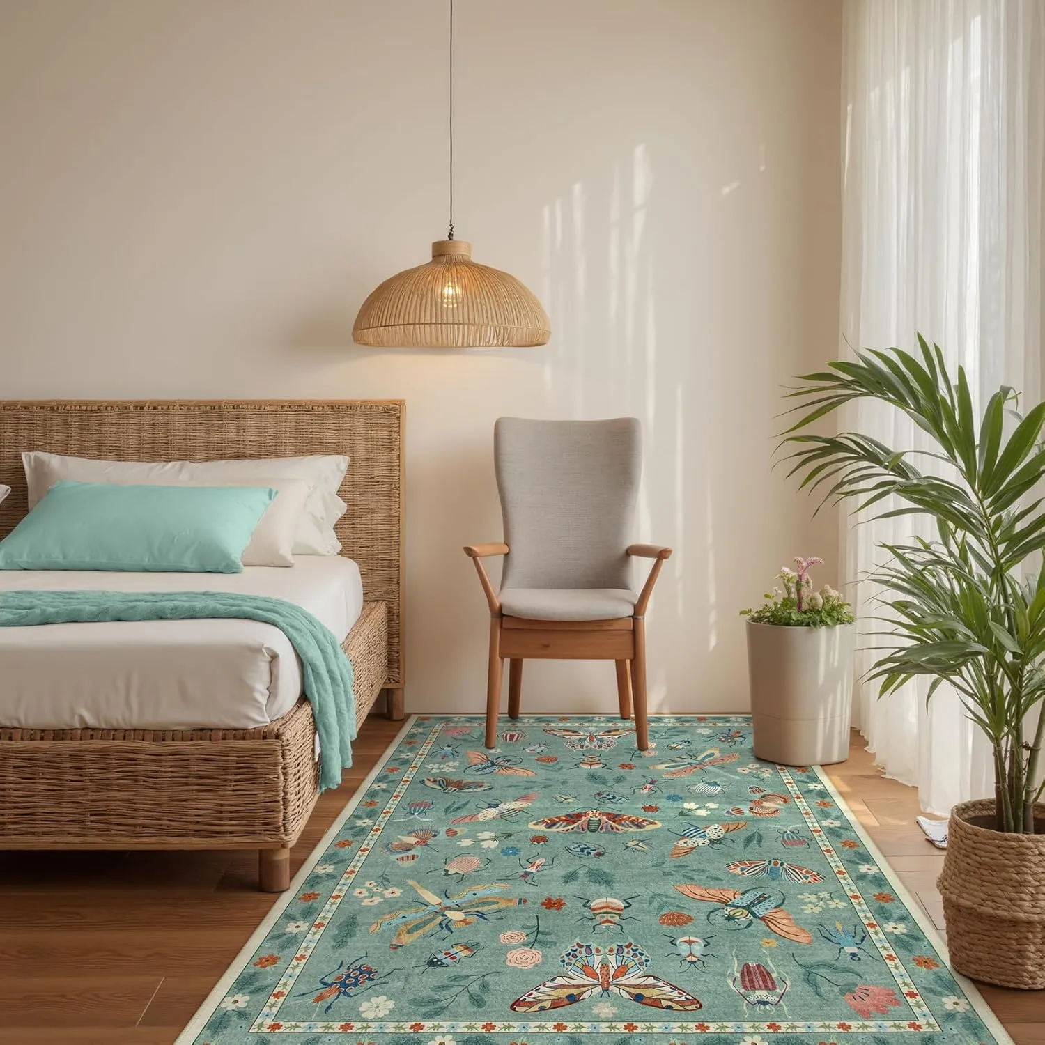 Lahome Insect Washable Area Rugs 5x7, Soft Green Rug for Living Room Bedroom Ultra-Thin Non-Shedding, Modern Stain Resistant Throw Large Carpet for Dining Room Kids Nursery(5'x7',Green)
