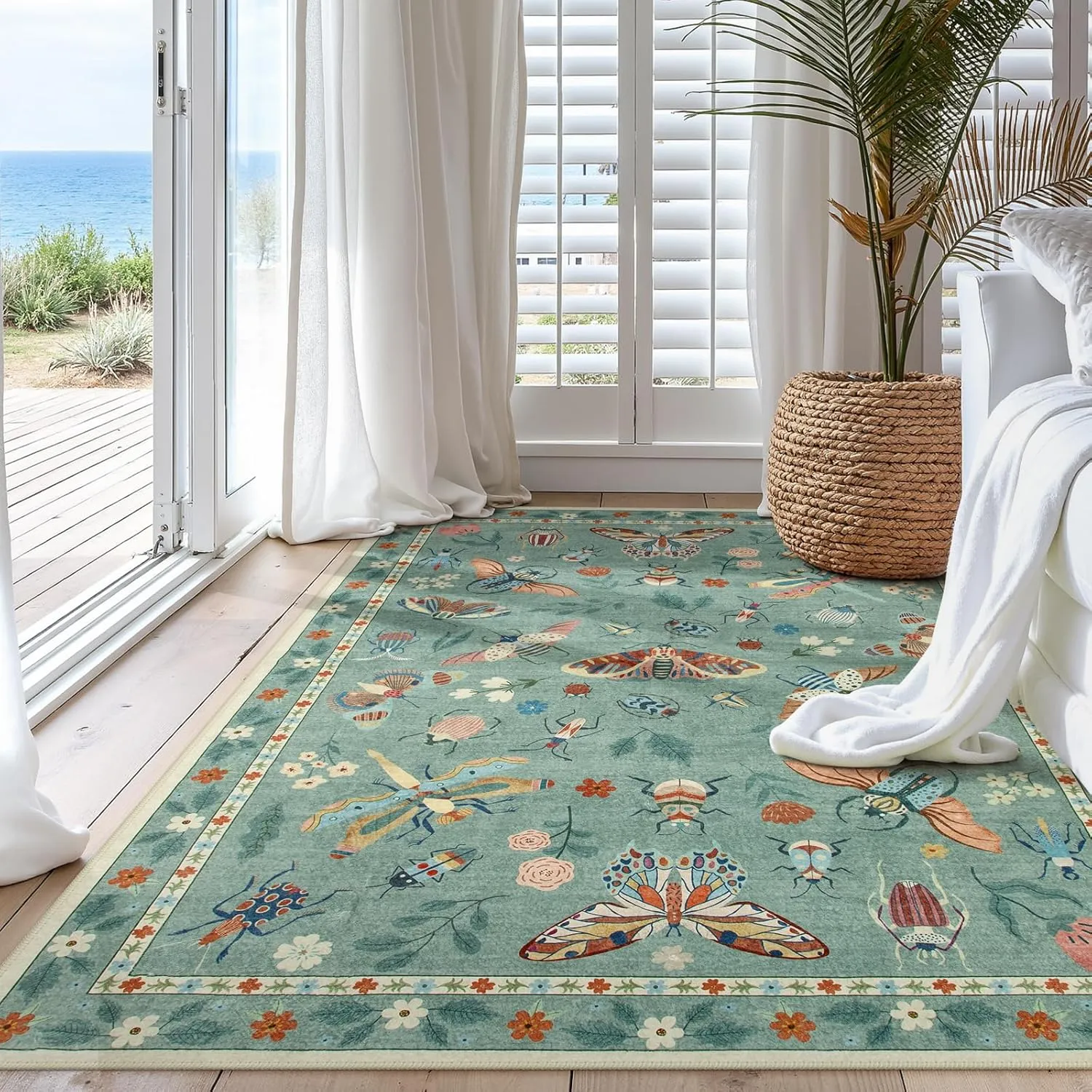 Lahome Insect Washable Area Rugs 5x7, Soft Green Rug for Living Room Bedroom Ultra-Thin Non-Shedding, Modern Stain Resistant Throw Large Carpet for Dining Room Kids Nursery(5'x7',Green)