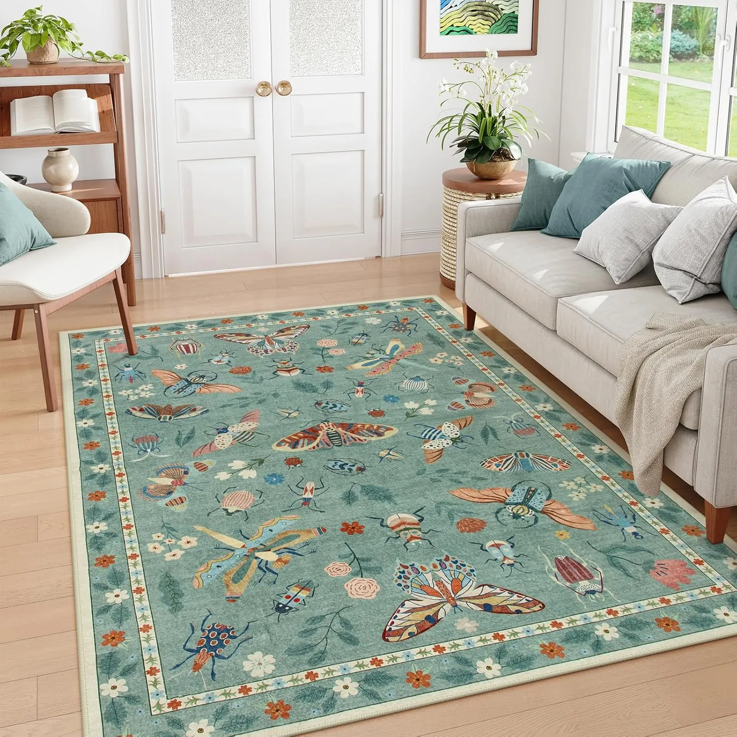 Lahome Insect Washable Area Rugs 5x7, Soft Green Rug for Living Room Bedroom Ultra-Thin Non-Shedding, Modern Stain Resistant Throw Large Carpet for Dining Room Kids Nursery(5'x7',Green)
