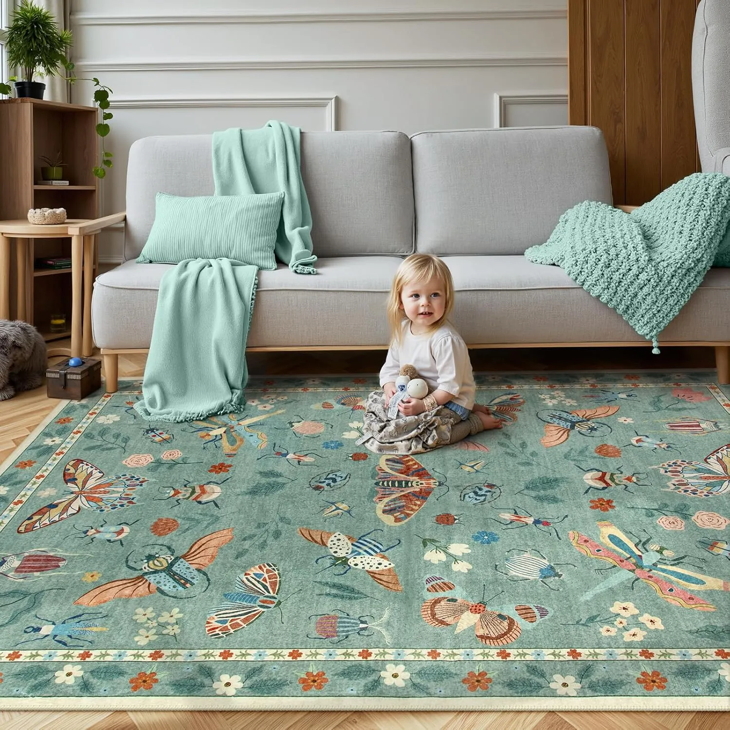 Lahome Insect Washable Area Rugs 5x7, Soft Green Rug for Living Room Bedroom Ultra-Thin Non-Shedding, Modern Stain Resistant Throw Large Carpet for Dining Room Kids Nursery(5'x7',Green)