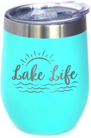 Lake Life - Wine Tumbler with Sliding Lid - Stemless Stainless Steel Insulated Cup - Cute Outdoor Camping Mug - Teal