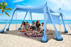 Large Beach Canopy UPF80  Uv Protection Beach Tents Sun Shelter, Beach Shade Canopy with 8 Sandbags, 4 Stability Poles, Sand Shovel Ground Pegs for Outdoor Camping, Picnics (10x10ft, Sky Blue)