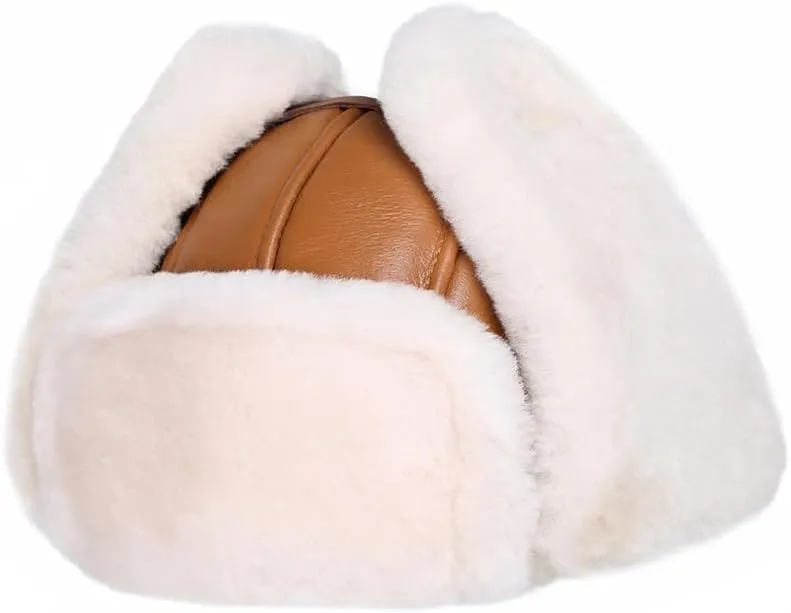 Leather Hats for Men Women Winter Warm Aviator Russianr Hat Shearling Sheepskin Hunting Hat