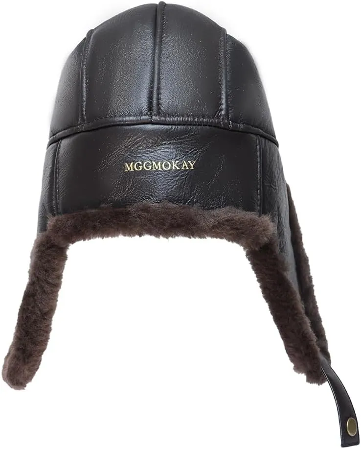 Leather Hats for Men Women Winter Warm Aviator Russianr Hat Shearling Sheepskin Hunting Hat