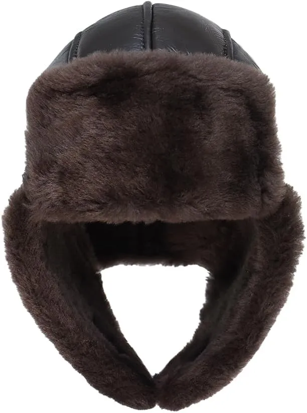 Leather Hats for Men Women Winter Warm Aviator Russianr Hat Shearling Sheepskin Hunting Hat