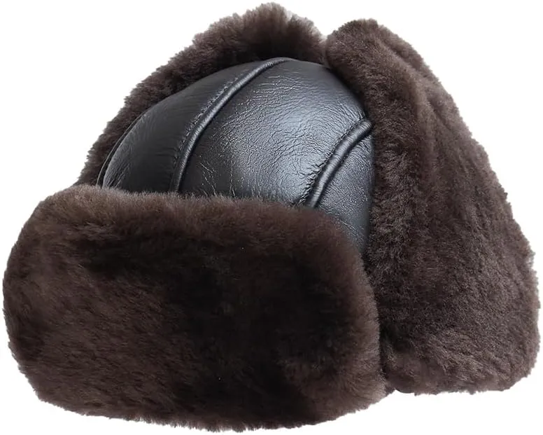 Leather Hats for Men Women Winter Warm Aviator Russianr Hat Shearling Sheepskin Hunting Hat