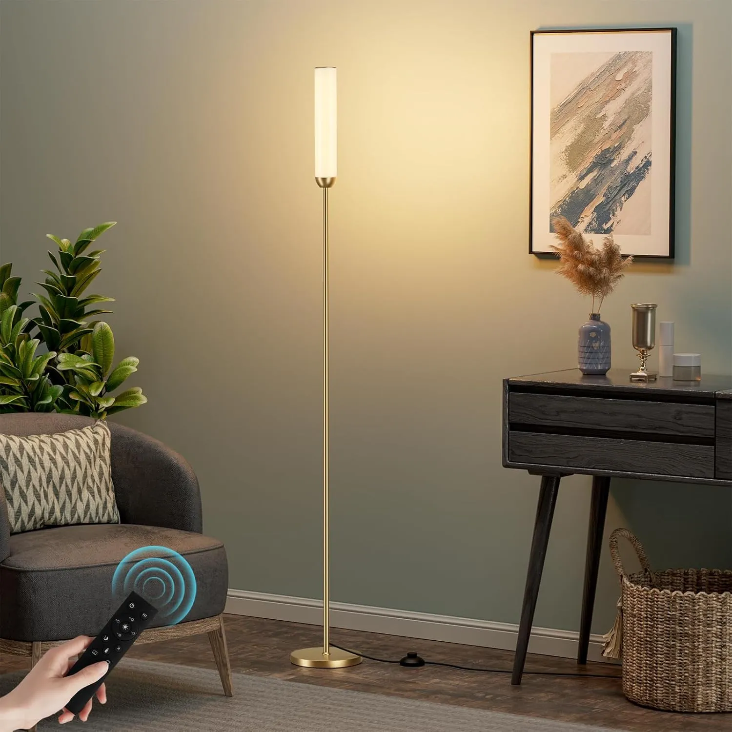 LED Floor Lamp with Remote Control, 65" Standing lamp with Stepless Adjustable 3000K-6500K Colors & 5%-100% Brightness, Foot Switch(Gold)