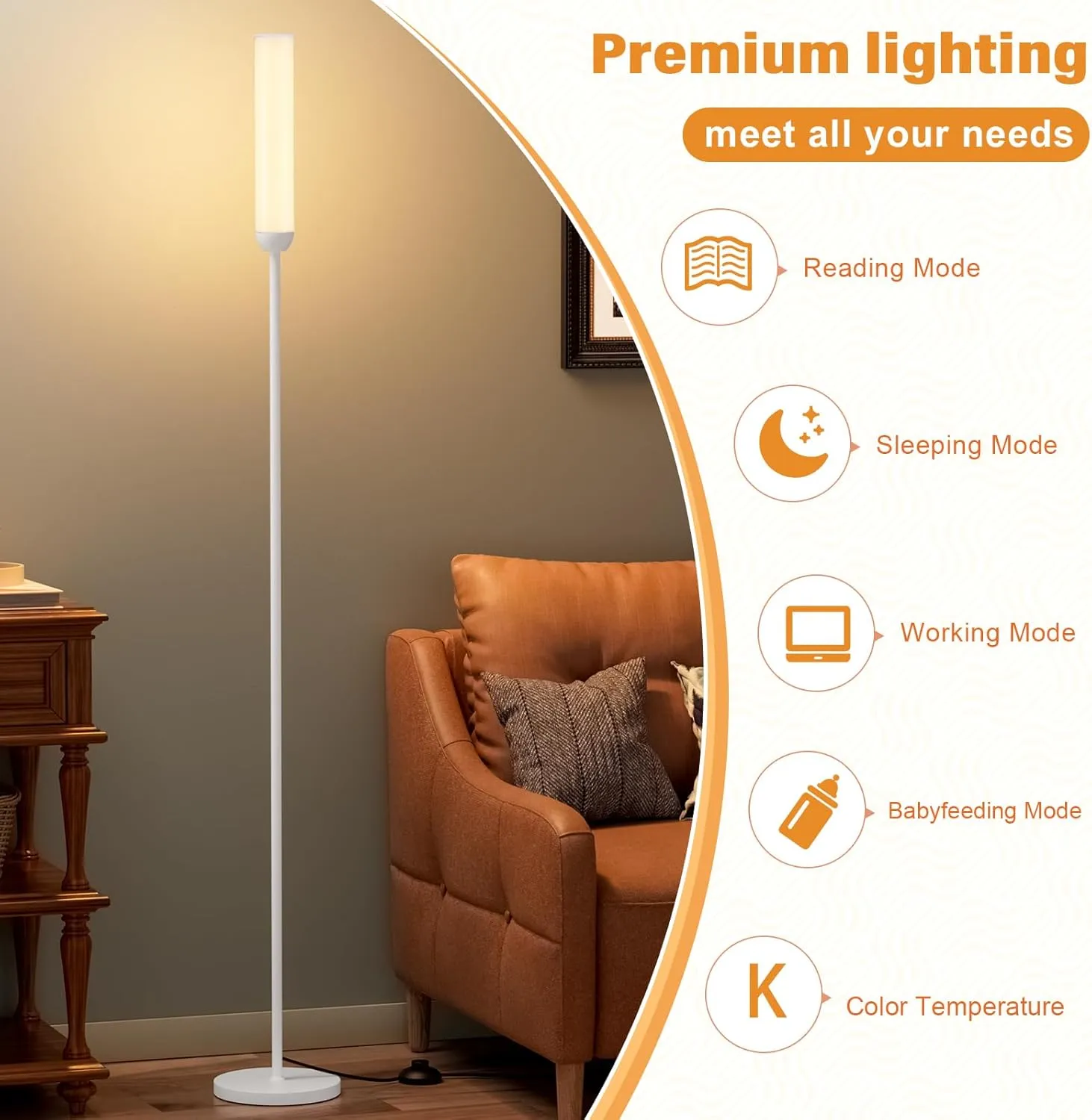 LED Floor Lamp with Remote Control, 65" Standing lamp with Stepless Adjustable 3000K-6500K Colors & 5%-100% Brightness, Foot Switch(White)