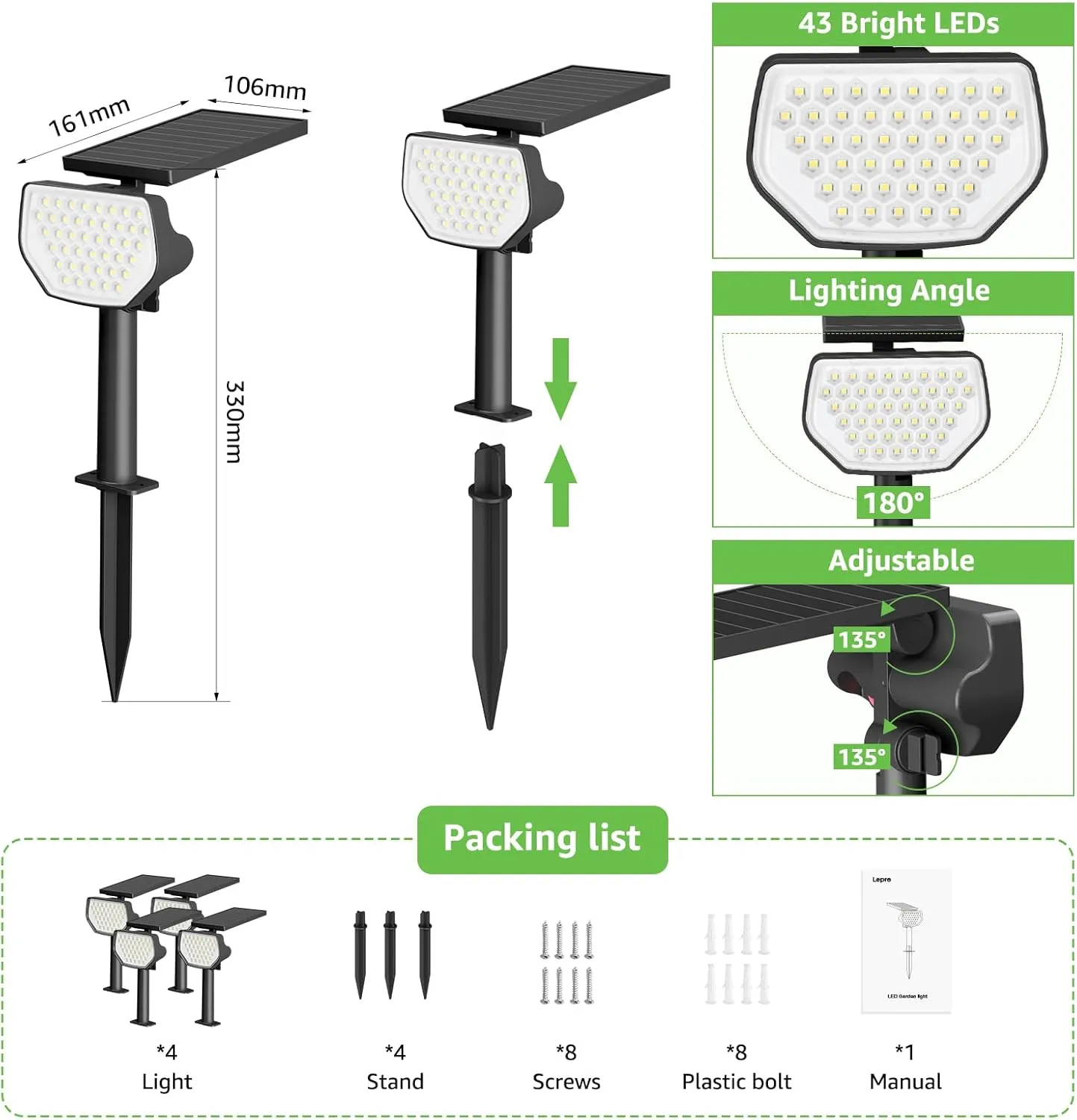 Lepro Outdoor Solar Spot Lights Waterproof for Flag Pole, Yard, Garden, Landscape, Backyard, Tree, Plants, Solar Powered Led Spotlight High Lumens, 4 Pack (Cool White)