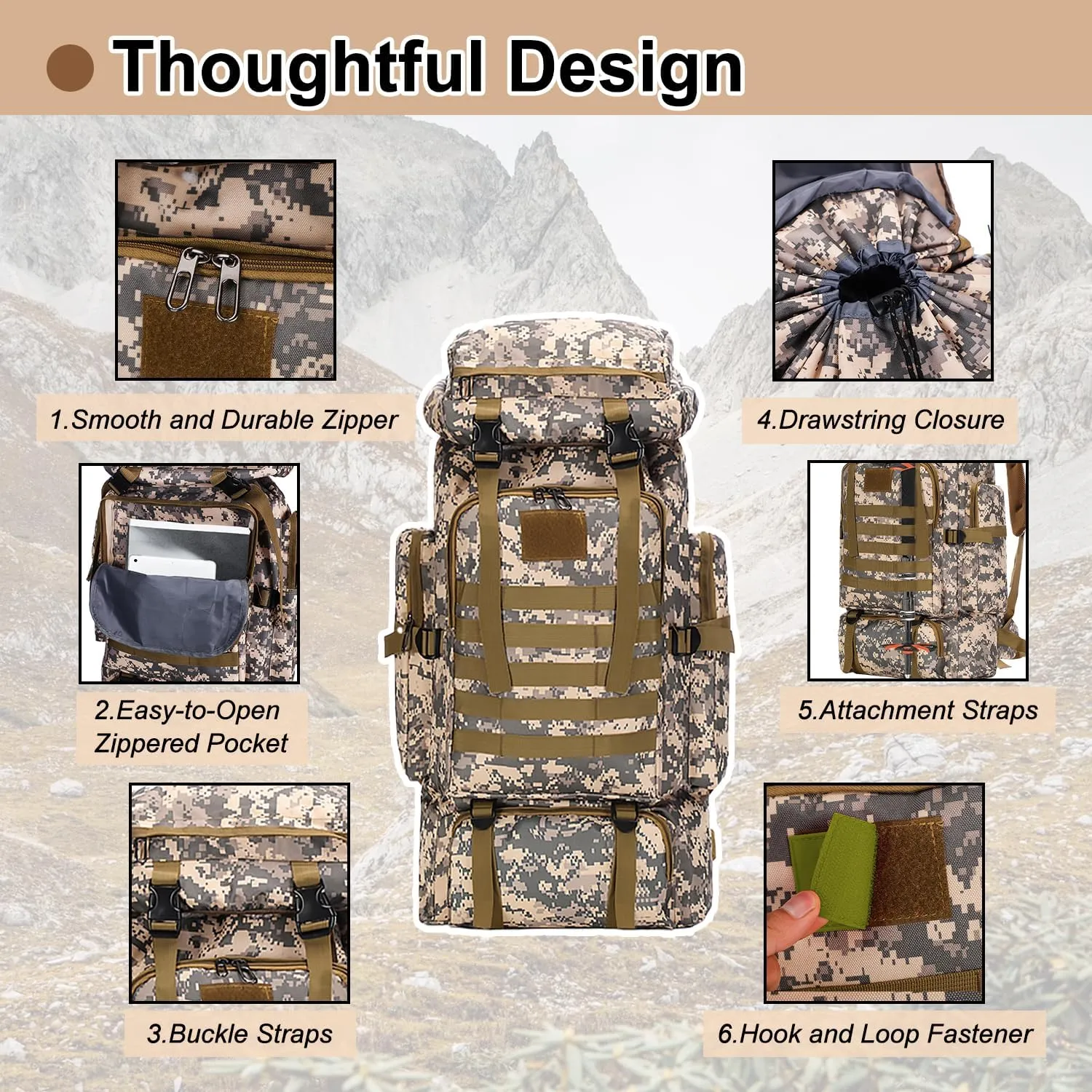 Lightweight Hiking Backpack 70L for Camping, Backpacking,Travel,Water Resistant Backpack for Women Men (khaki)