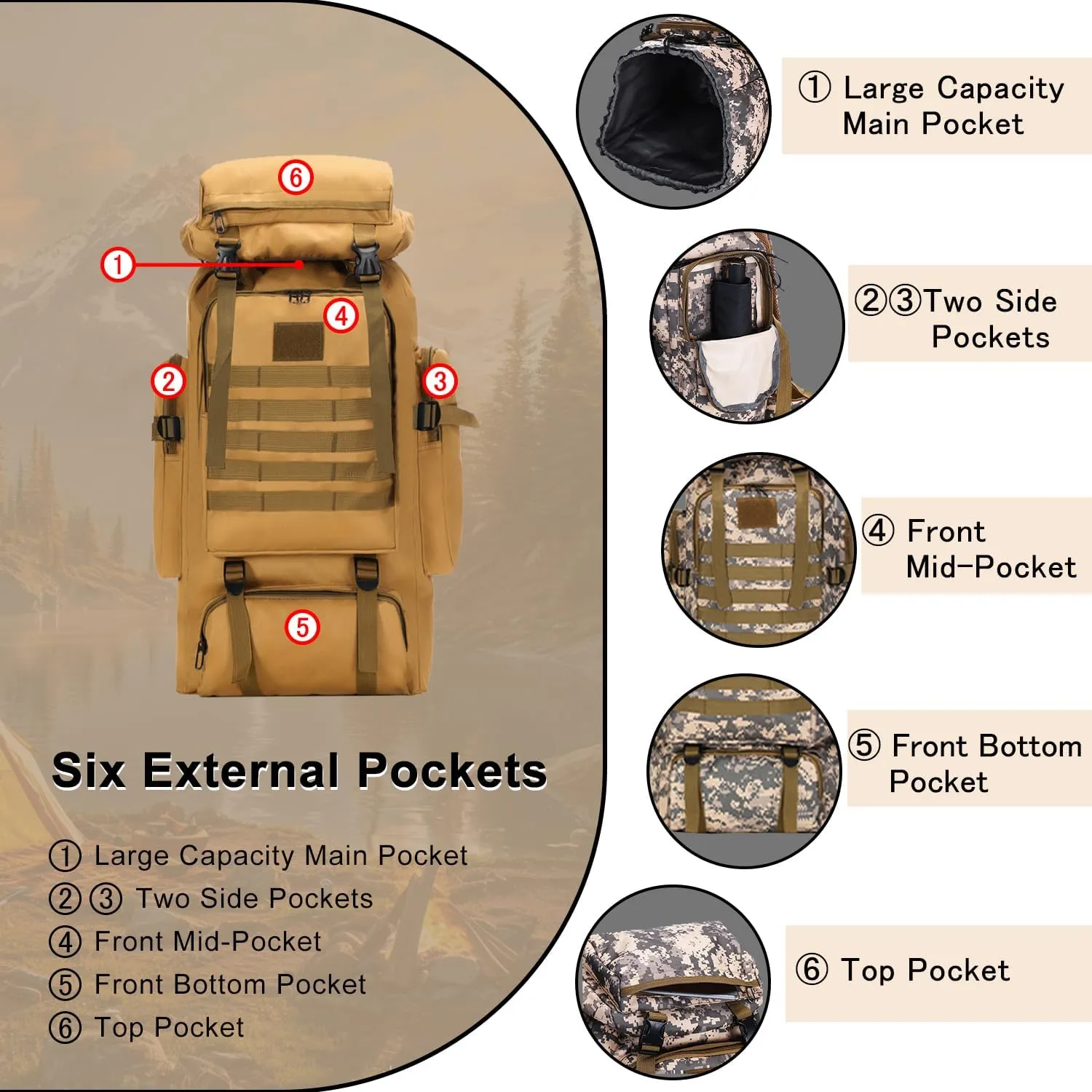 Lightweight Hiking Backpack 70L for Camping, Backpacking,Travel,Water Resistant Backpack for Women Men (khaki)