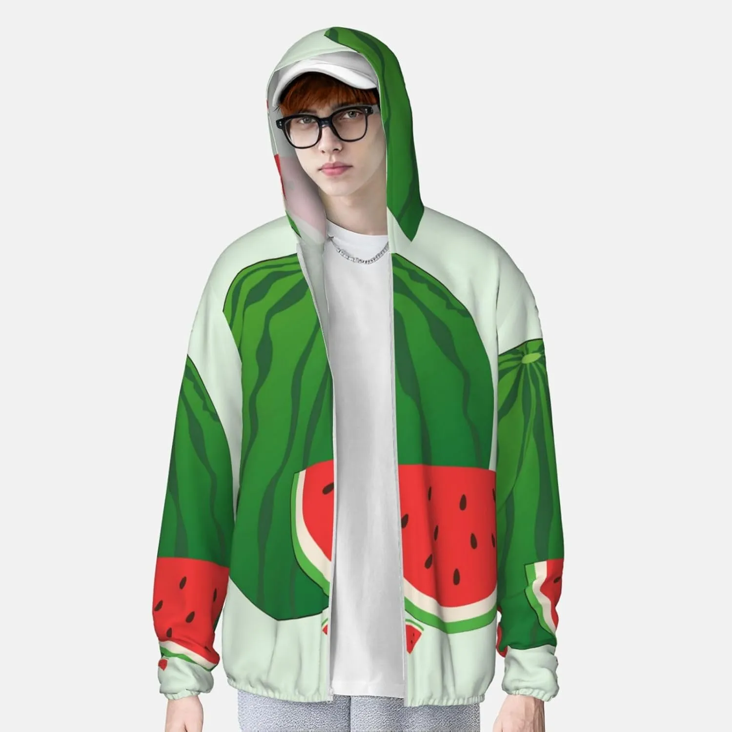 Lightweight UV Protection Sun Jacket, cartoon watermelon Print Sportswear Hooded Sunblock Shirt for Outdoor
