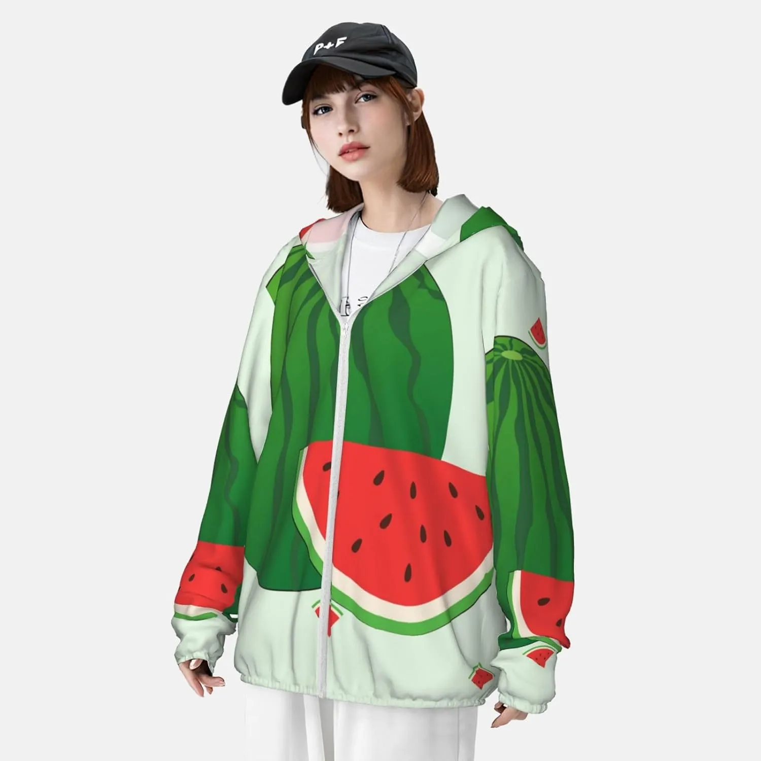 Lightweight UV Protection Sun Jacket, cartoon watermelon Print Sportswear Hooded Sunblock Shirt for Outdoor