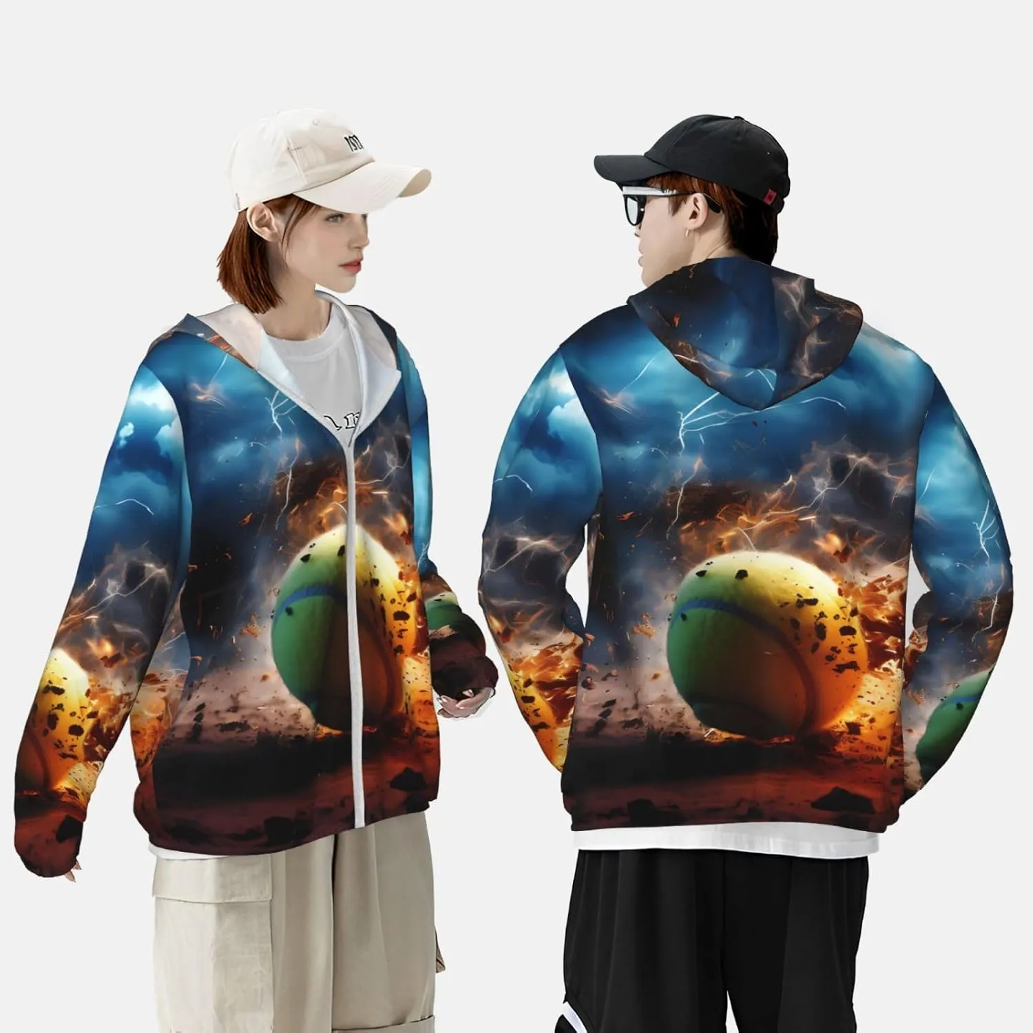 Lightweight UV Protection Sun Jacket, Lightning Tennis Print Sportswear Hooded Sunblock Shirt for Outdoor