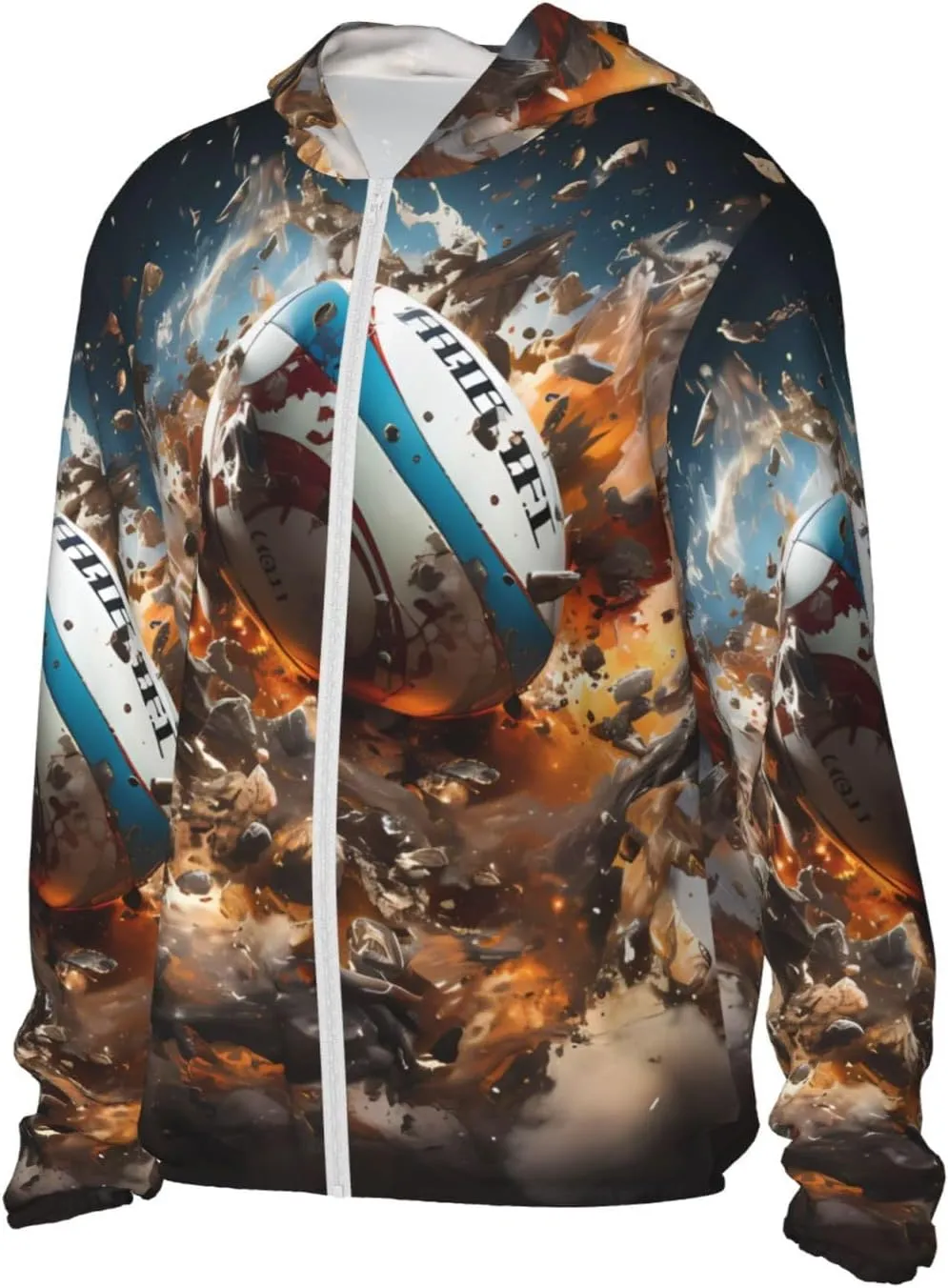 Lightweight UV Protection Sun Jacket, Rugby on Fire Print Sportswear Hooded Sunblock Shirt for Outdoor