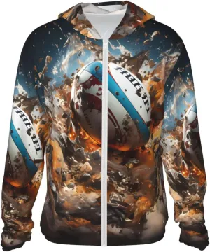Lightweight UV Protection Sun Jacket, Rugby on Fire Print Sportswear Hooded Sunblock Shirt for Outdoor