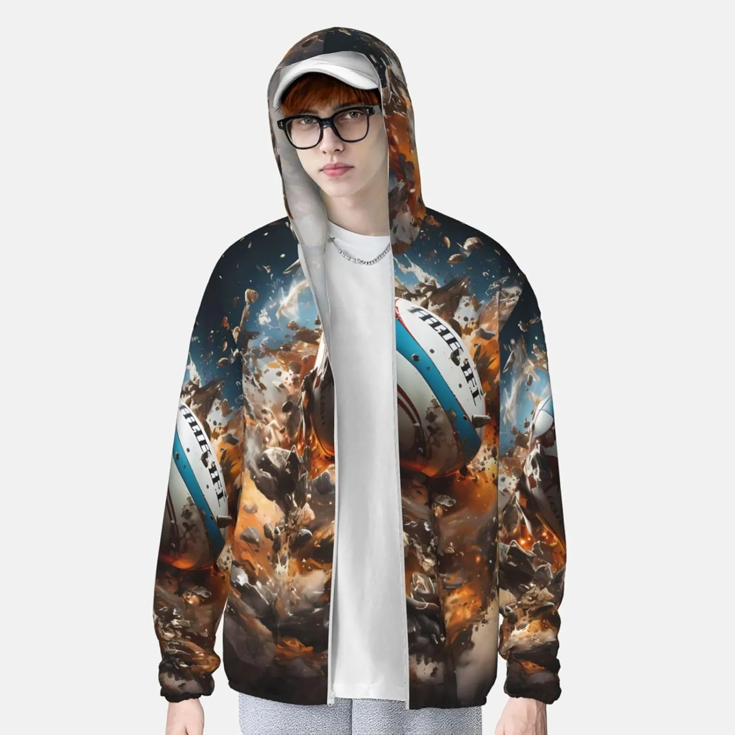 Lightweight UV Protection Sun Jacket, Rugby on Fire Print Sportswear Hooded Sunblock Shirt for Outdoor