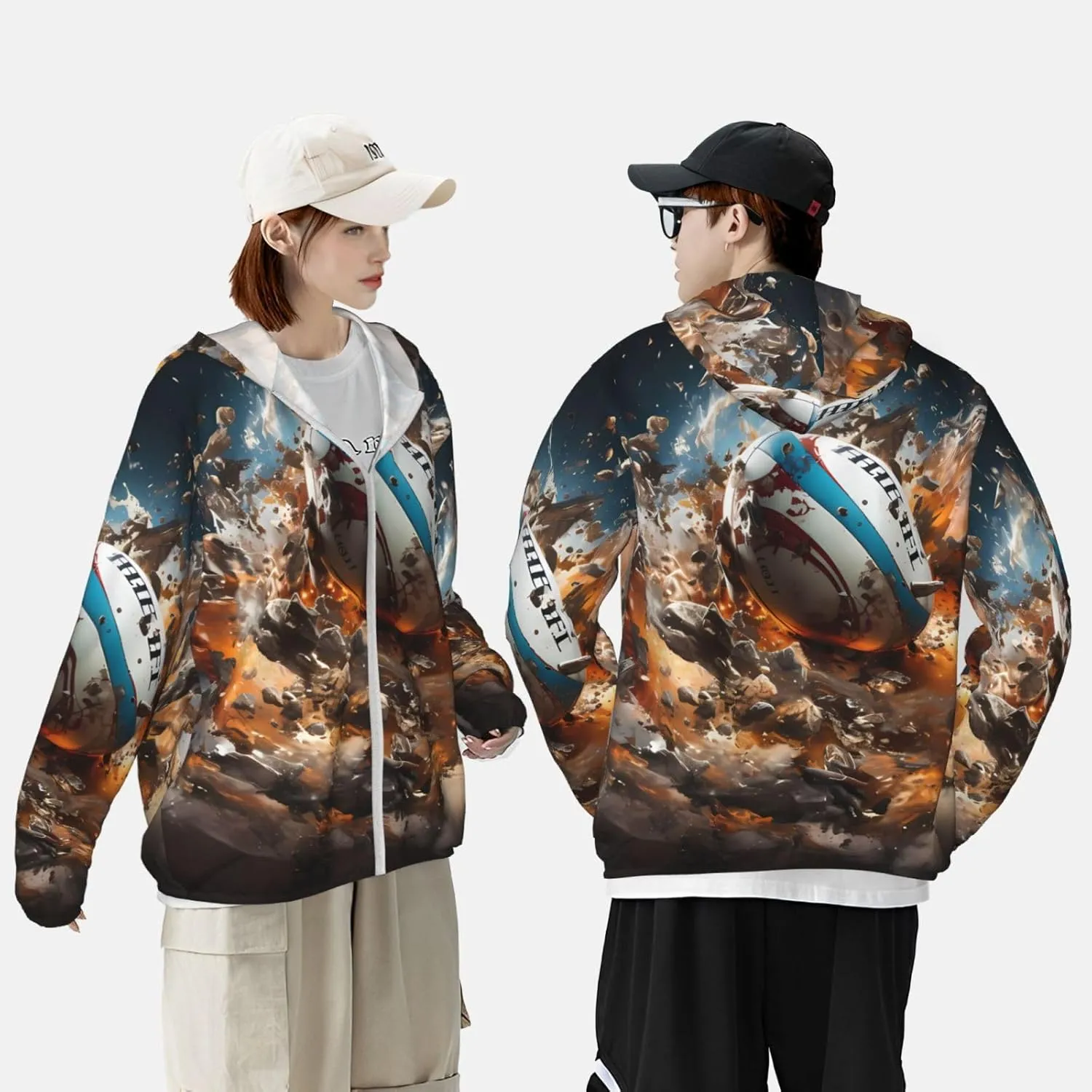 Lightweight UV Protection Sun Jacket, Rugby on Fire Print Sportswear Hooded Sunblock Shirt for Outdoor