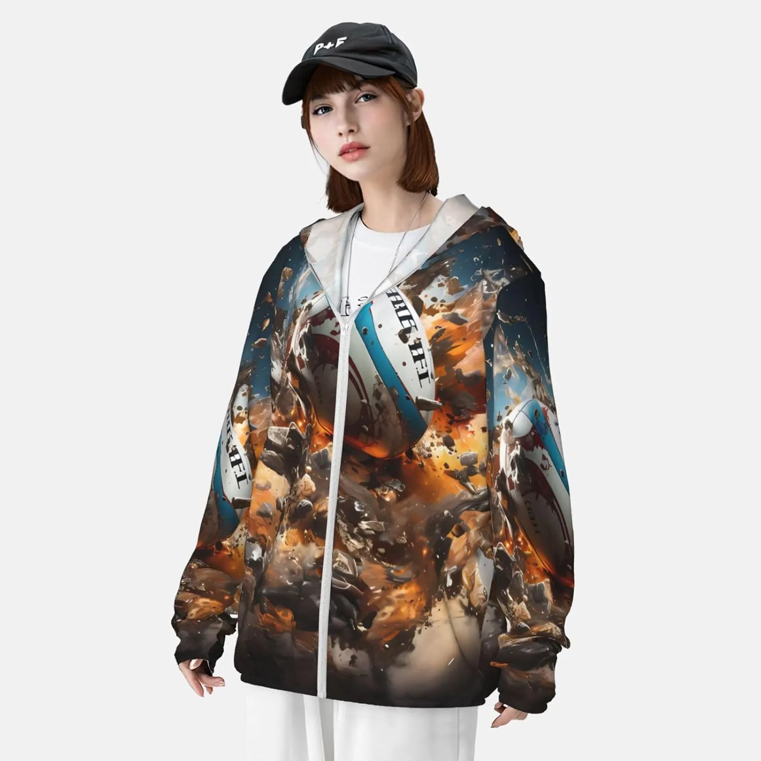 Lightweight UV Protection Sun Jacket, Rugby on Fire Print Sportswear Hooded Sunblock Shirt for Outdoor