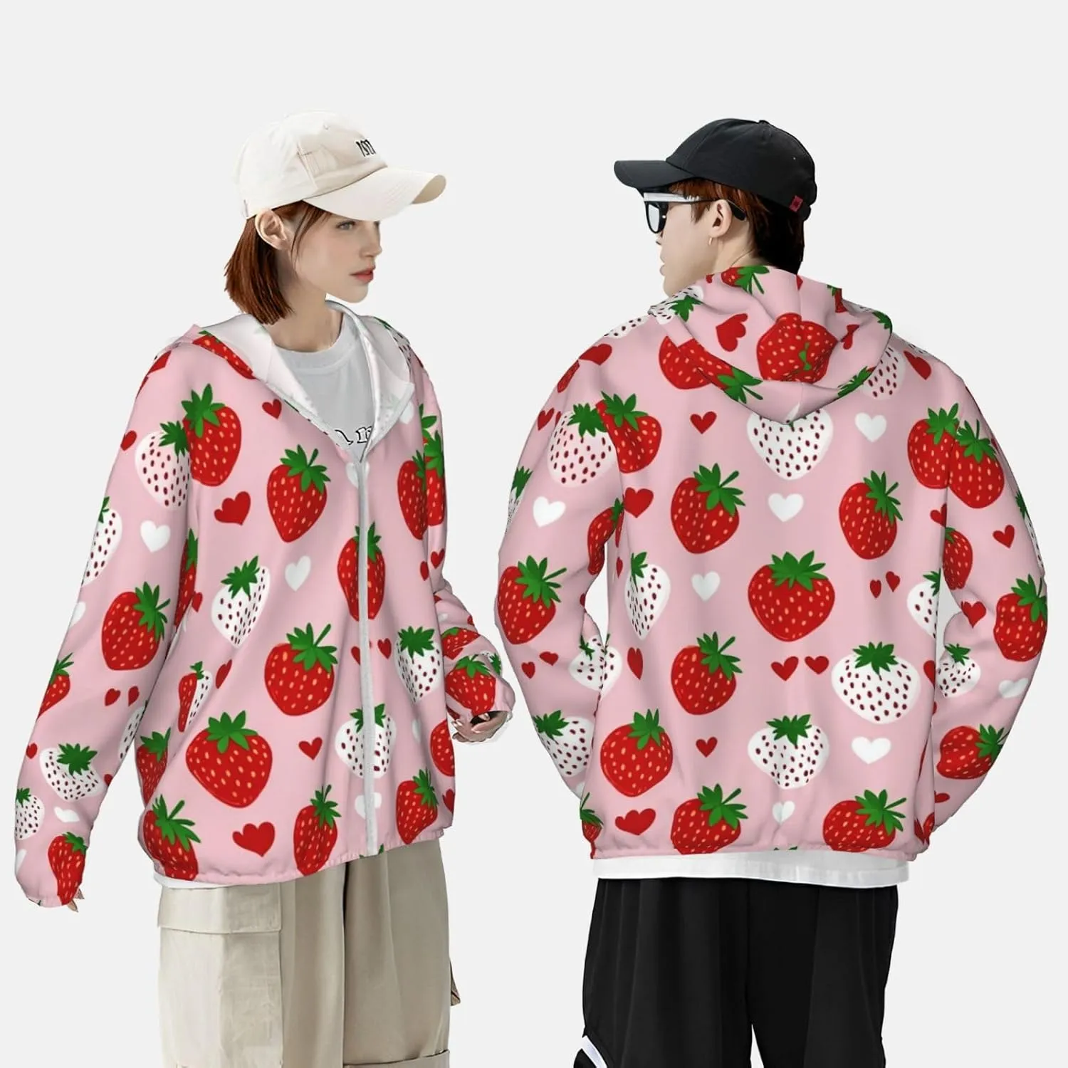 Lightweight UV Protection Sun Jacket, Strawberry and Heart Print Sportswear Hooded Sunblock Shirt for Outdoor