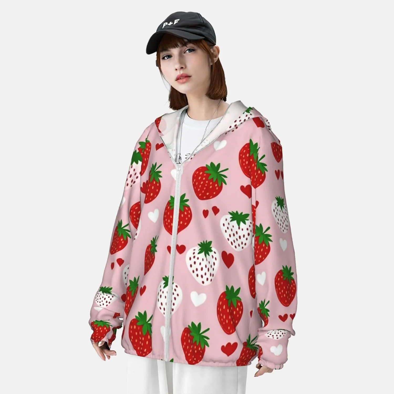 Lightweight UV Protection Sun Jacket, Strawberry and Heart Print Sportswear Hooded Sunblock Shirt for Outdoor