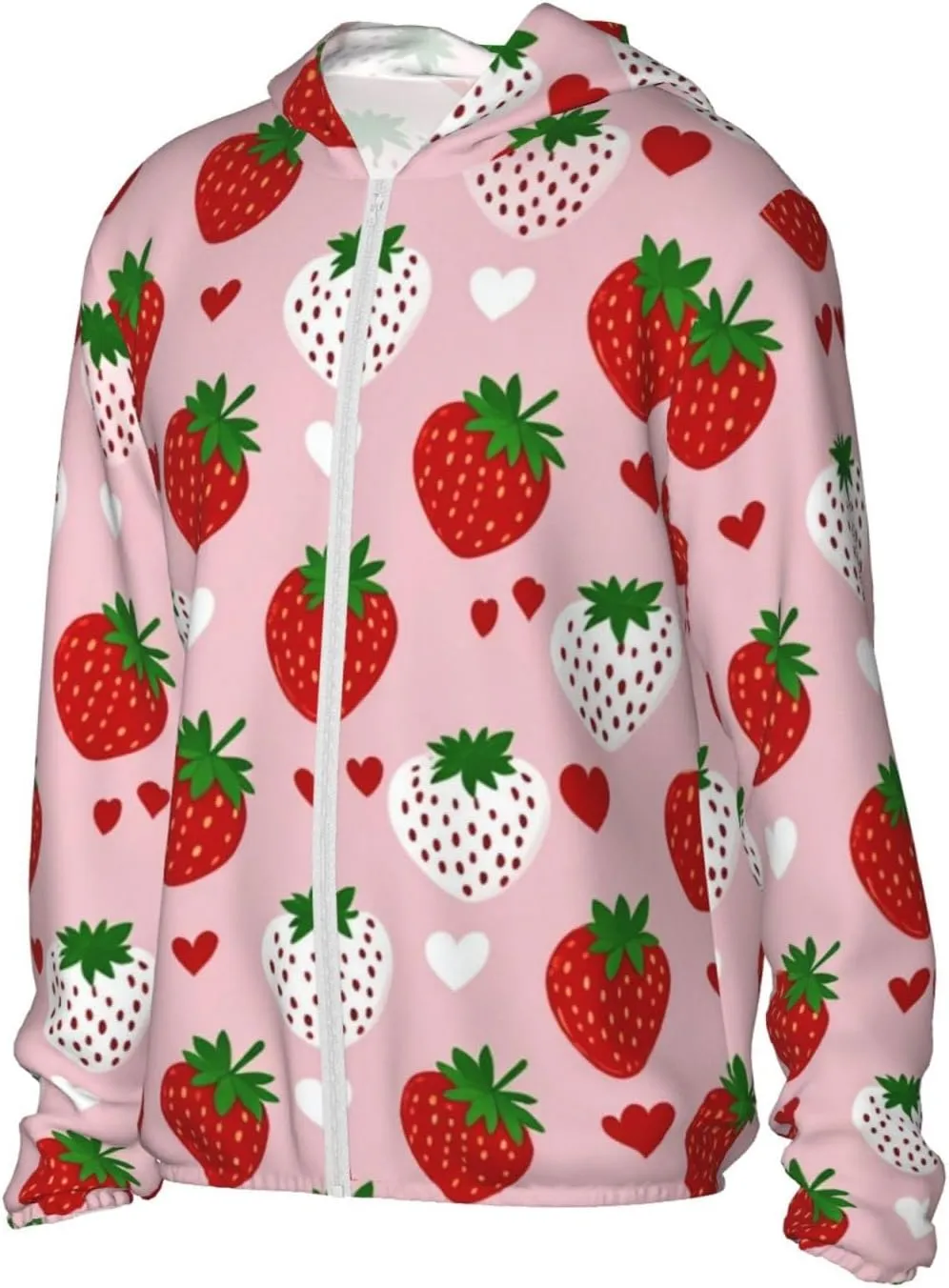 Lightweight UV Protection Sun Jacket, Strawberry and Heart Print Sportswear Hooded Sunblock Shirt for Outdoor