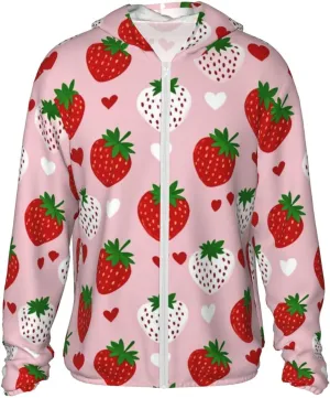 Lightweight UV Protection Sun Jacket, Strawberry and Heart Print Sportswear Hooded Sunblock Shirt for Outdoor