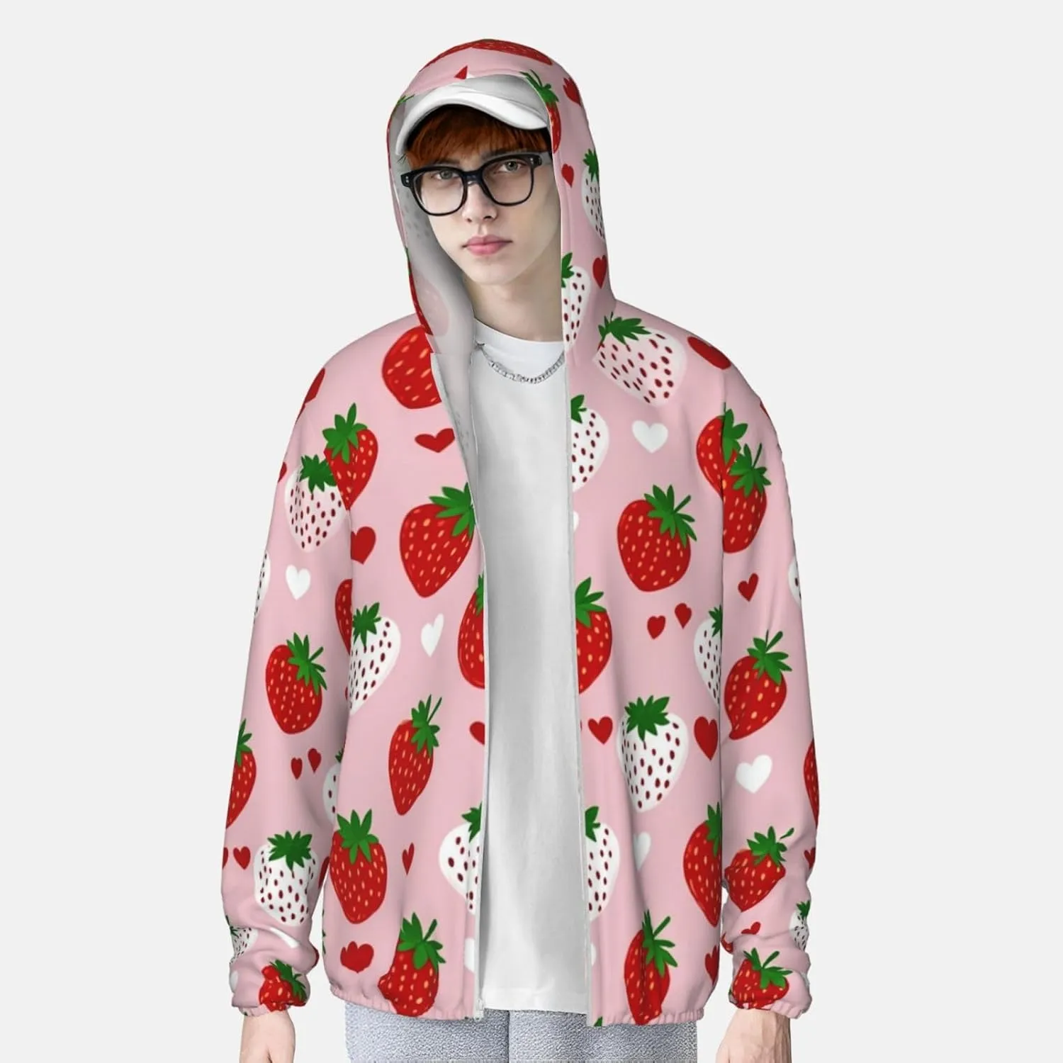 Lightweight UV Protection Sun Jacket, Strawberry and Heart Print Sportswear Hooded Sunblock Shirt for Outdoor