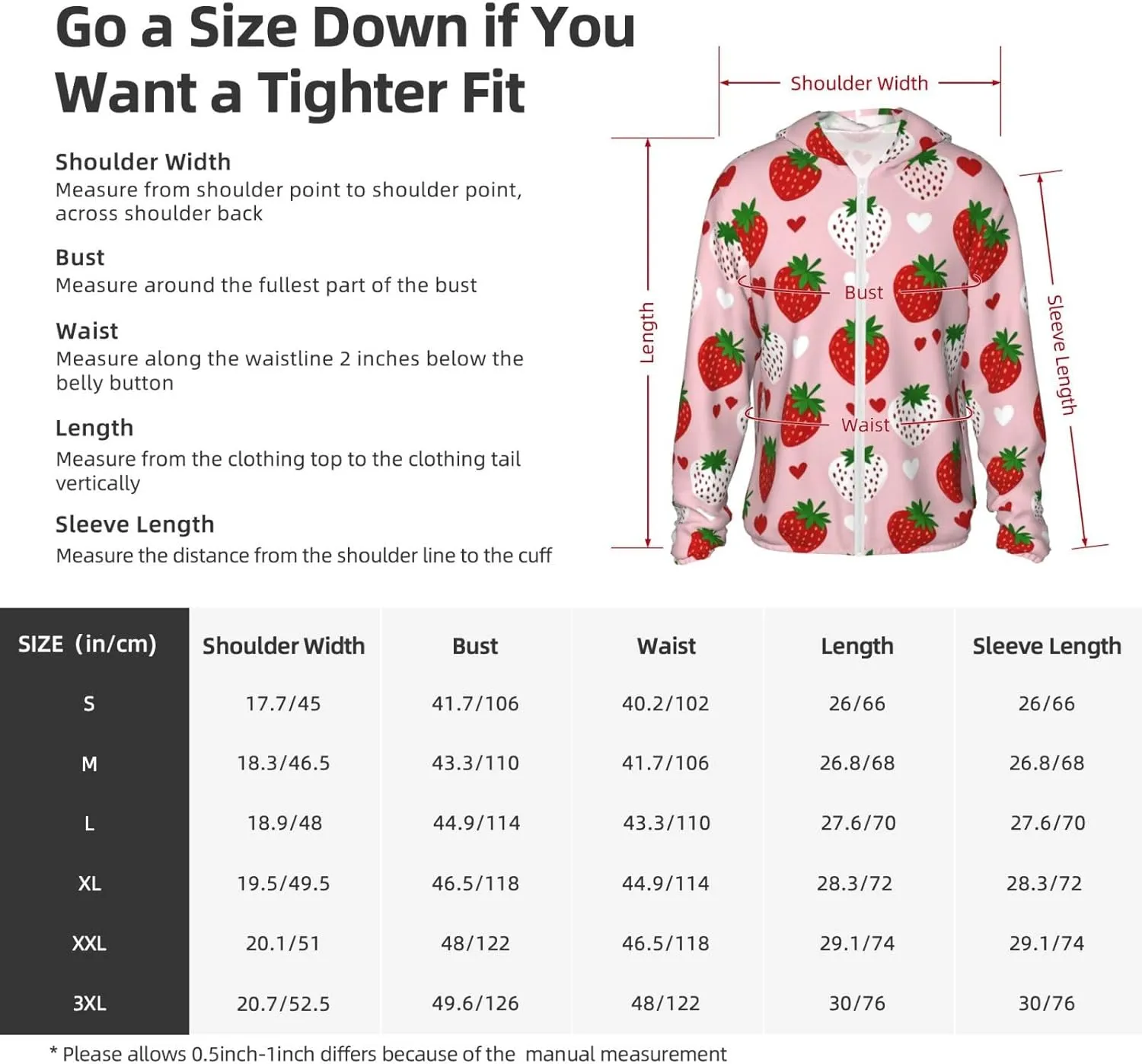 Lightweight UV Protection Sun Jacket, Strawberry and Heart Print Sportswear Hooded Sunblock Shirt for Outdoor
