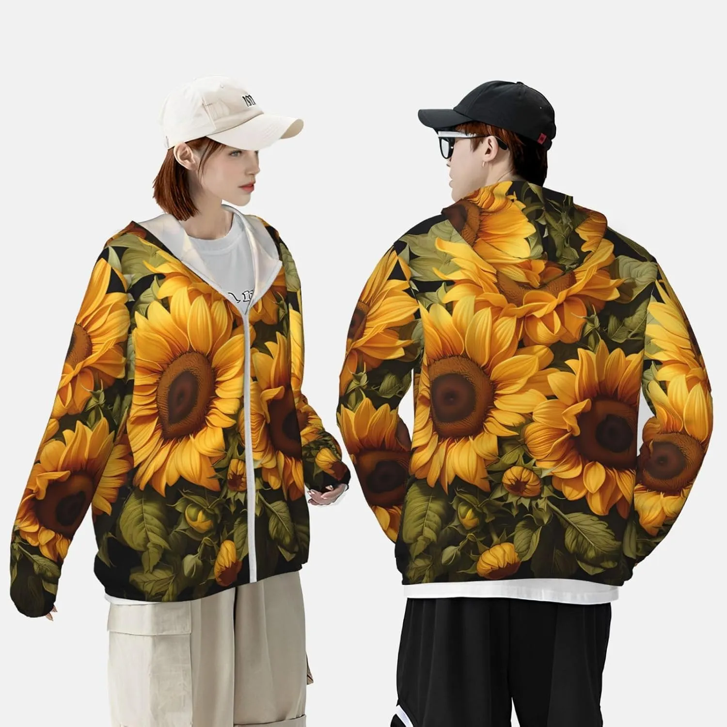 Lightweight UV Protection Sun Jacket, with the yellow sunflower Print Sportswear Hooded Sunblock Shirt for Outdoor