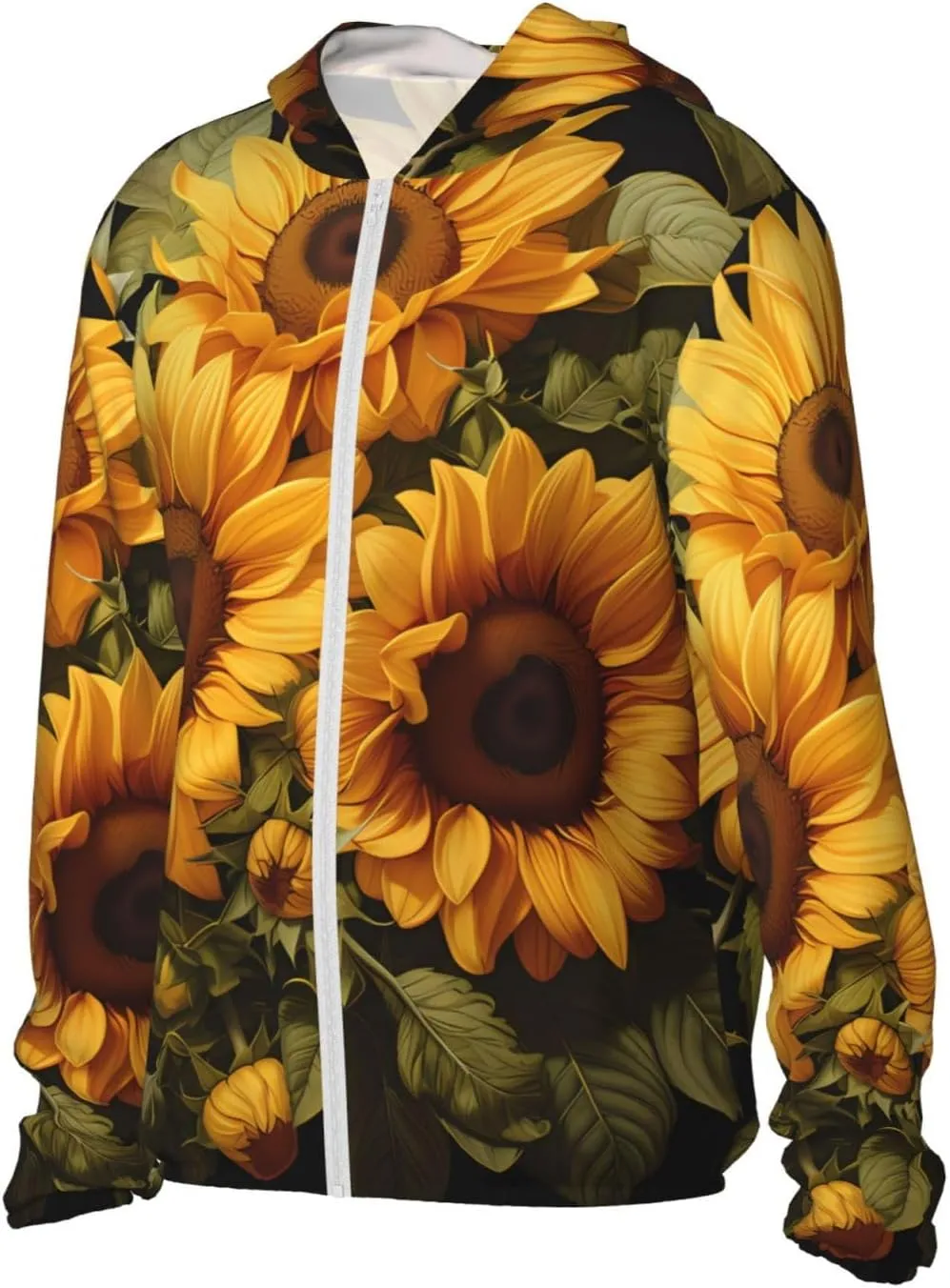 Lightweight UV Protection Sun Jacket, with the yellow sunflower Print Sportswear Hooded Sunblock Shirt for Outdoor
