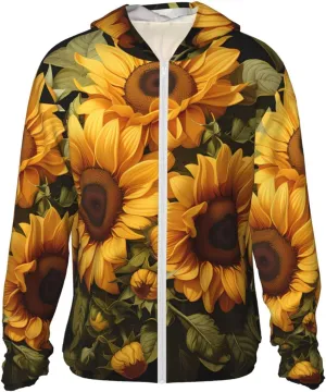 Lightweight UV Protection Sun Jacket, with the yellow sunflower Print Sportswear Hooded Sunblock Shirt for Outdoor