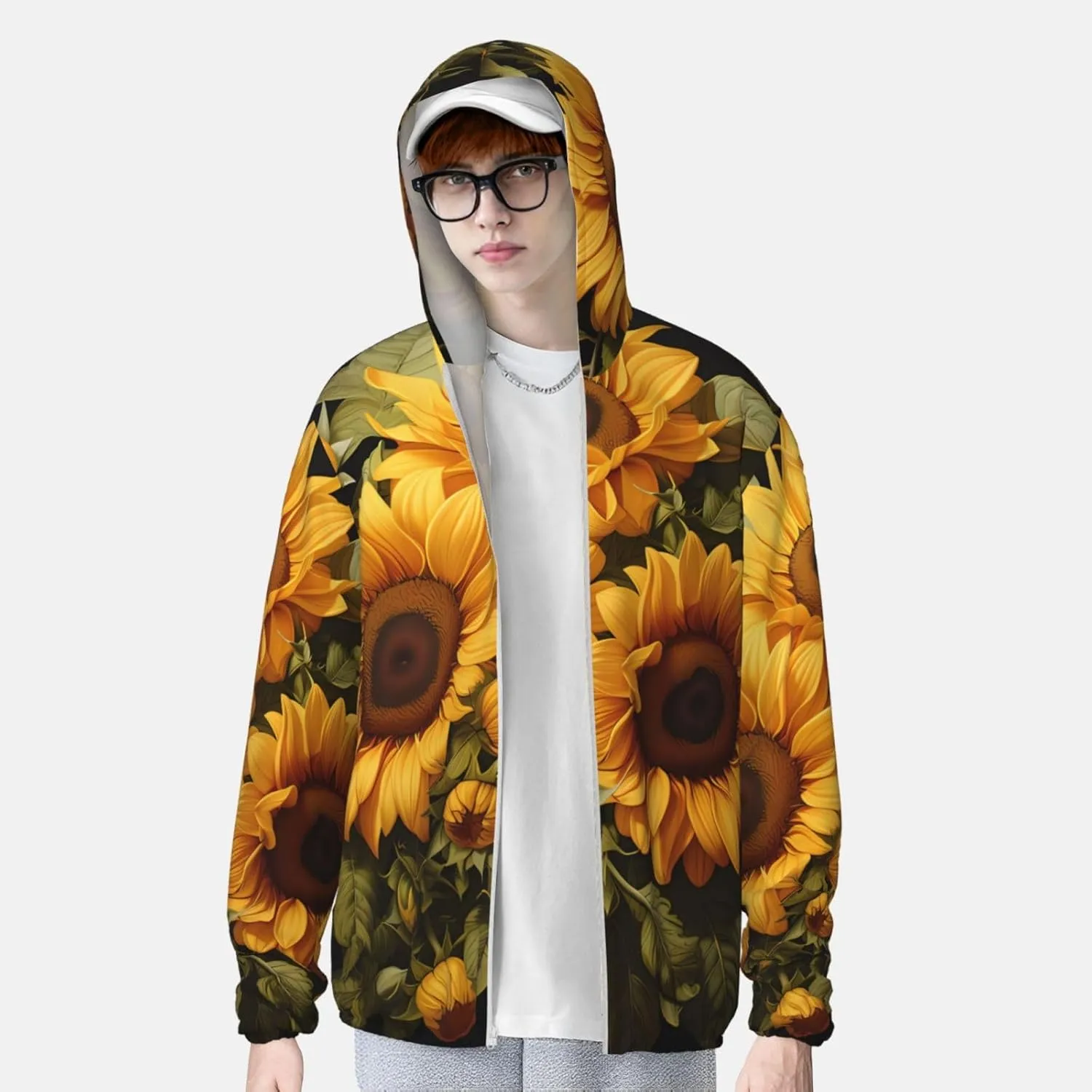Lightweight UV Protection Sun Jacket, with the yellow sunflower Print Sportswear Hooded Sunblock Shirt for Outdoor