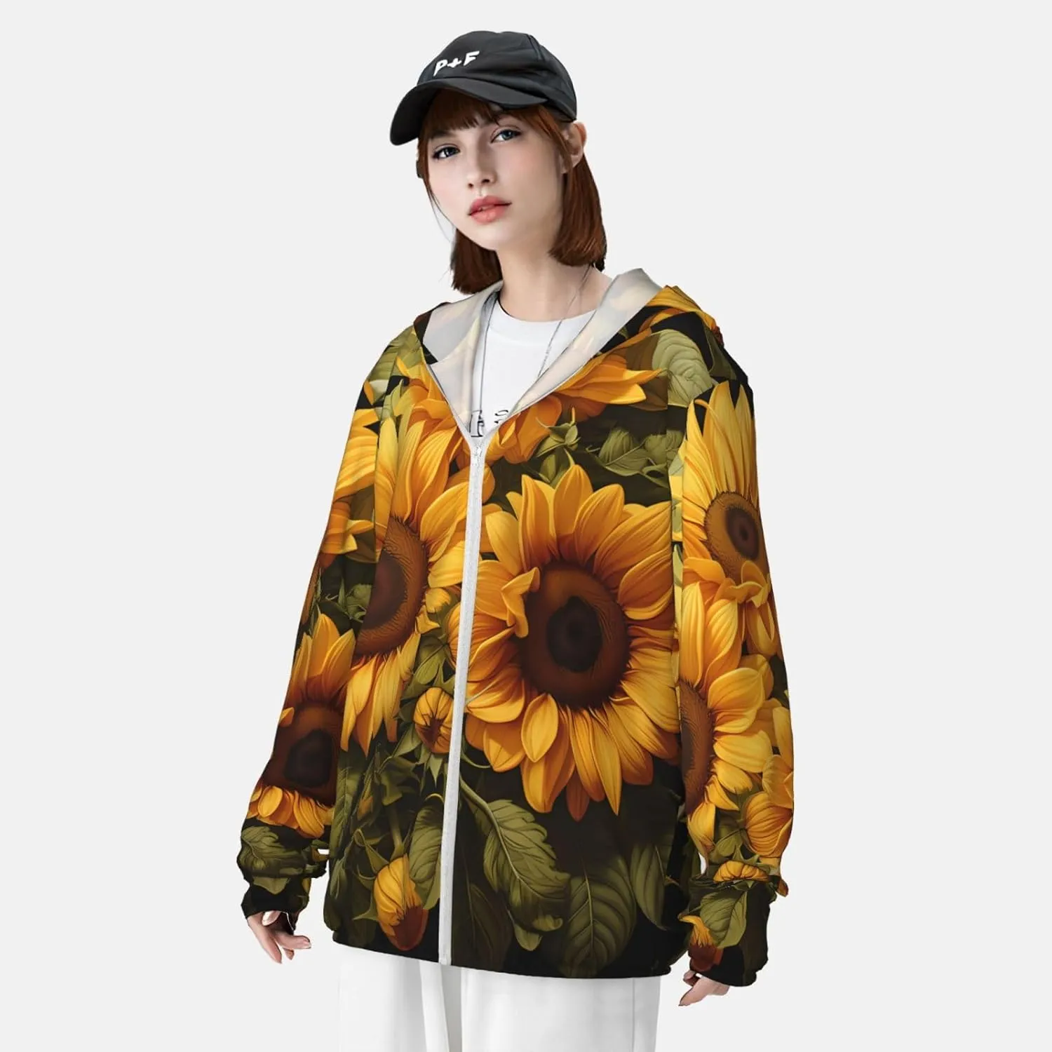 Lightweight UV Protection Sun Jacket, with the yellow sunflower Print Sportswear Hooded Sunblock Shirt for Outdoor