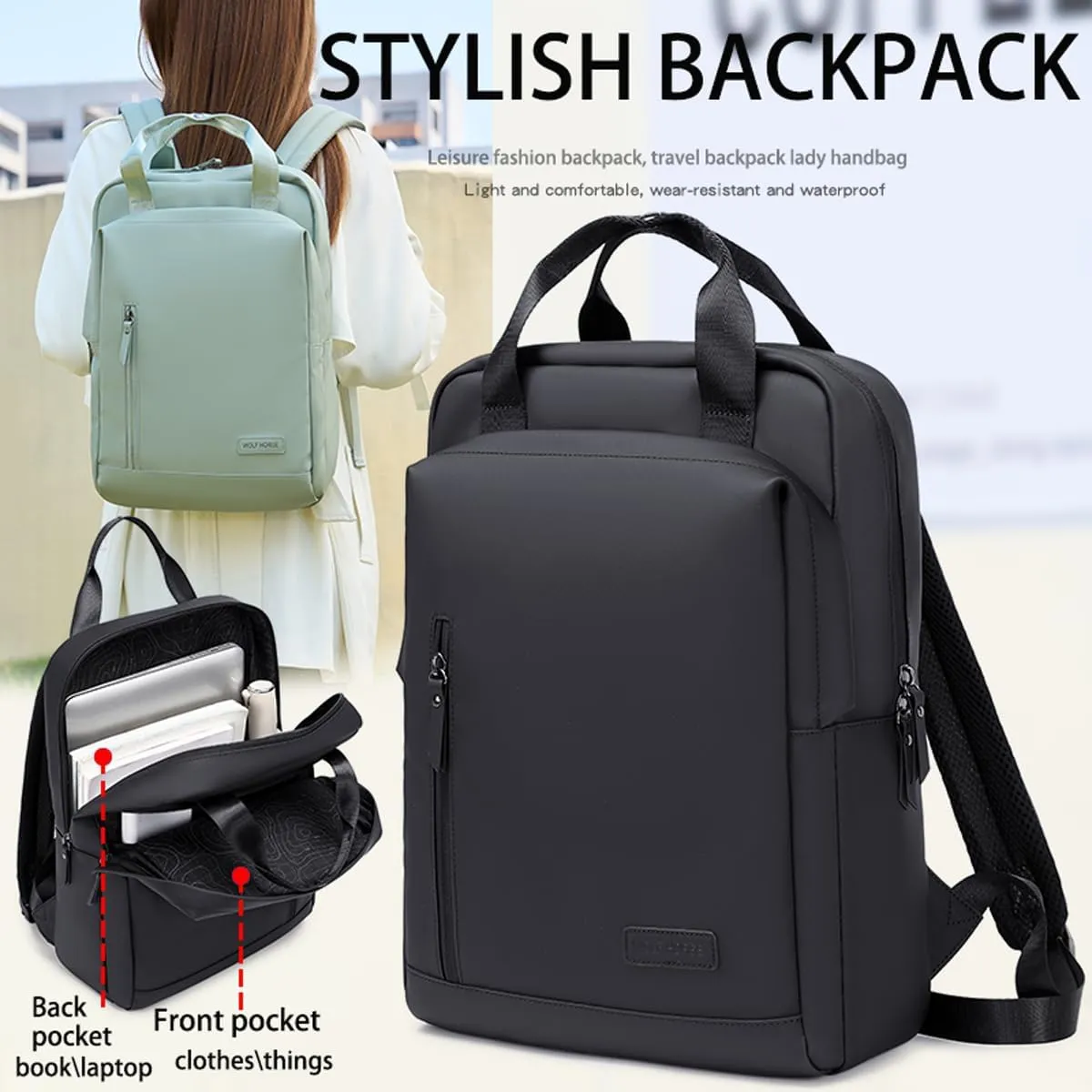 Lightweight Waterproof Travel Backpack for Women – 0.6KG, 15-Inch Laptop Compartment, Anti-Theft Design, Durable & Stylish (Pink/Green/Black)