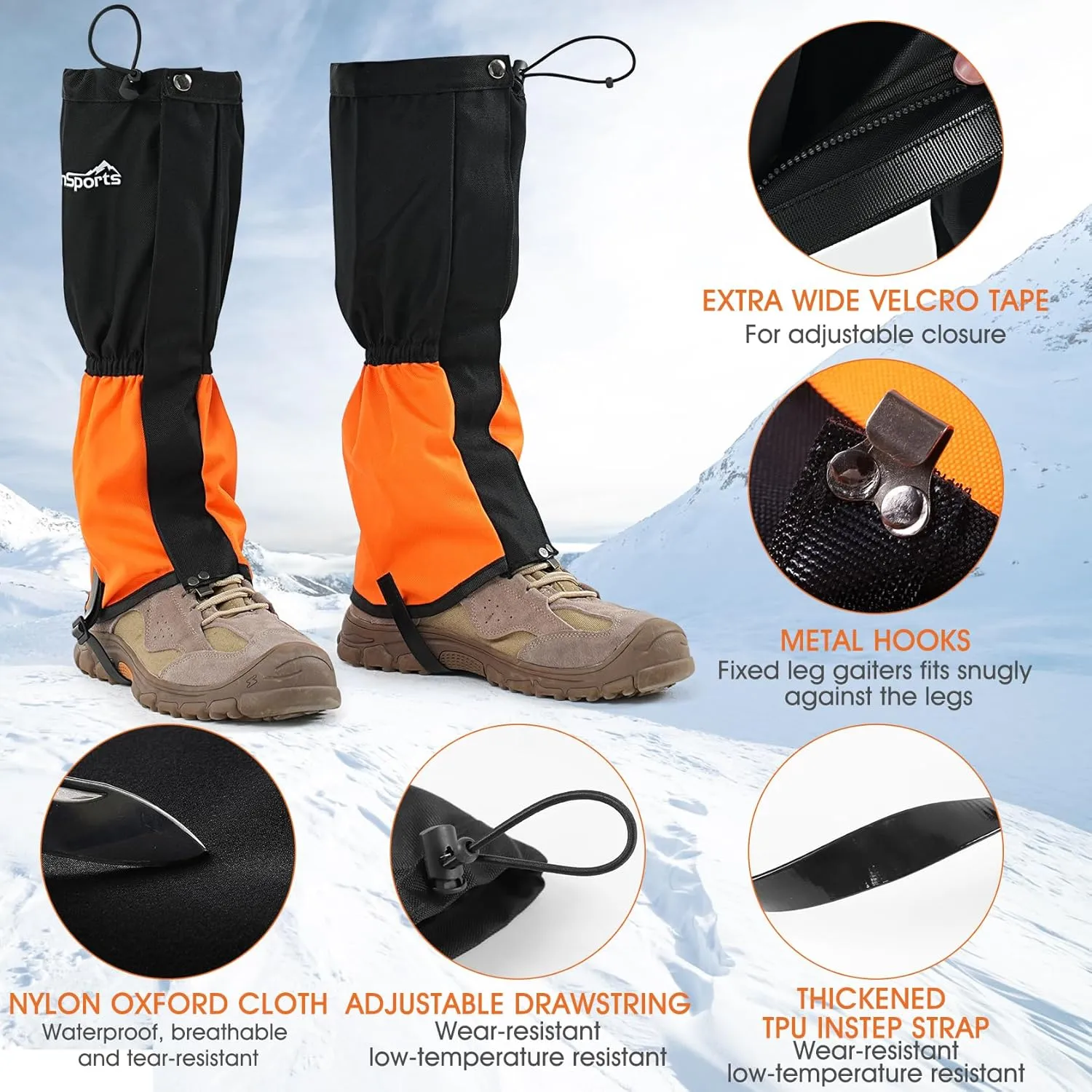 likloks Waterproof Hiking Gaiters for Men & Women - Lightweight & Breathable Adjustable Leg Gaiters for Hiking Boots, Snow, Trail, Trekking, Hunting, Climbing