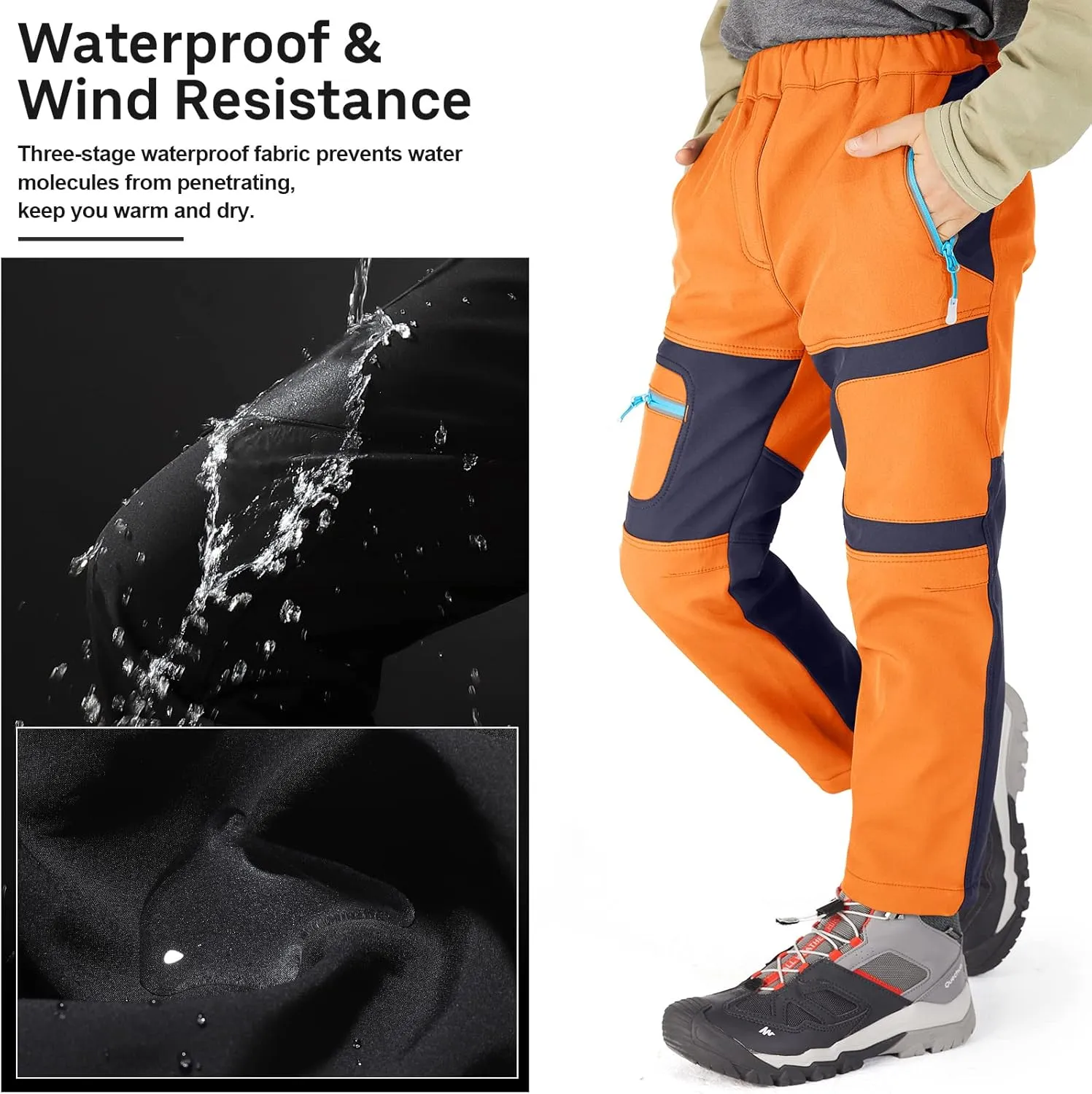 linlon Kids Boy's Snow Waterproof Pants Youth Fleece Lind Hiking Softshell Warm Insulated Trousers