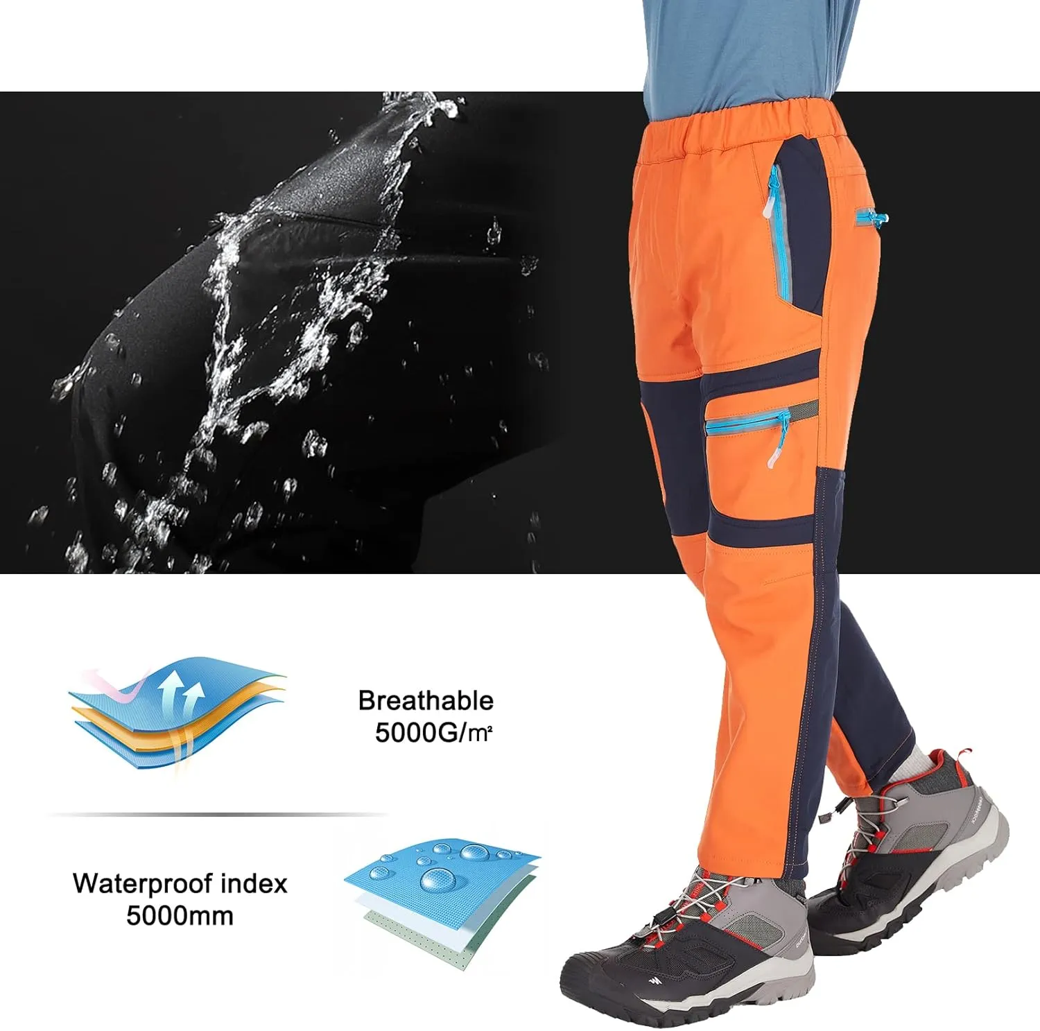 linlon Kids Boy's Snow Waterproof Pants Youth Fleece Lind Hiking Softshell Warm Insulated Trousers