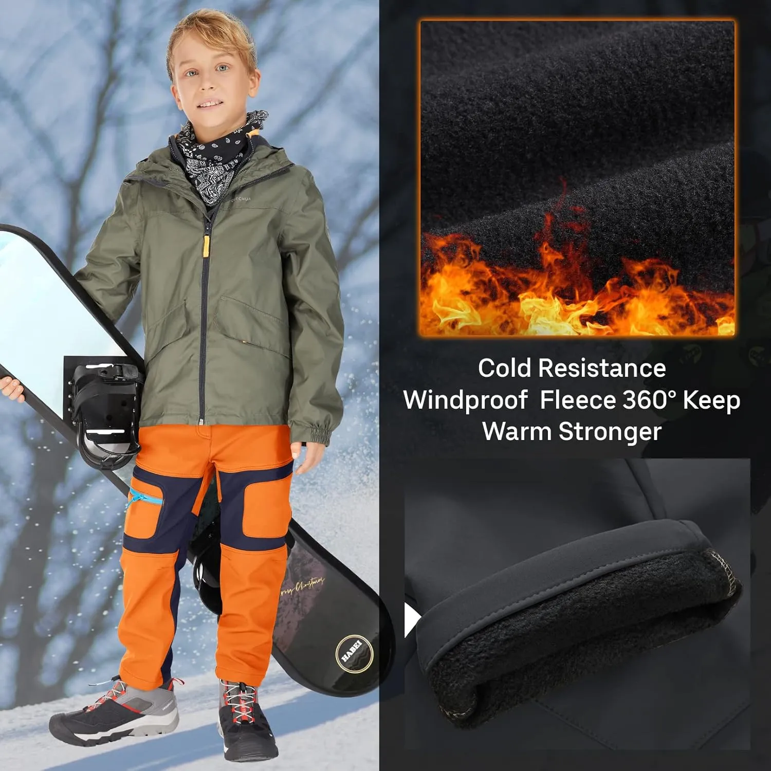 linlon Kids Boy's Snow Waterproof Pants Youth Fleece Lind Hiking Softshell Warm Insulated Trousers