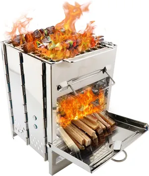Lixada Camping Wood Stove Folding Stainless Steel Stove Grill Portable Backpacking Stove Alcohol Burn Stove with BBQ Grill Storage Bag (Type1)