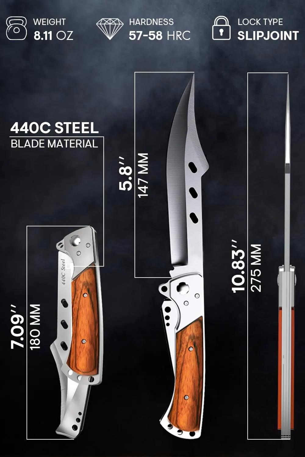 Long Blade Folding Knife - 5.8" Sharp Large Blade with Rosewood Handle - Foldable Knives for Hunting Hiking Camping Tactical Survival Work - Mens Gifts Ideas for Birthday Anniversary 4172