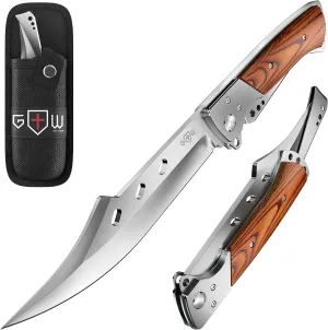 Long Blade Folding Knife - 5.8" Sharp Large Blade with Rosewood Handle - Foldable Knives for Hunting Hiking Camping Tactical Survival Work - Mens Gifts Ideas for Birthday Anniversary 4172